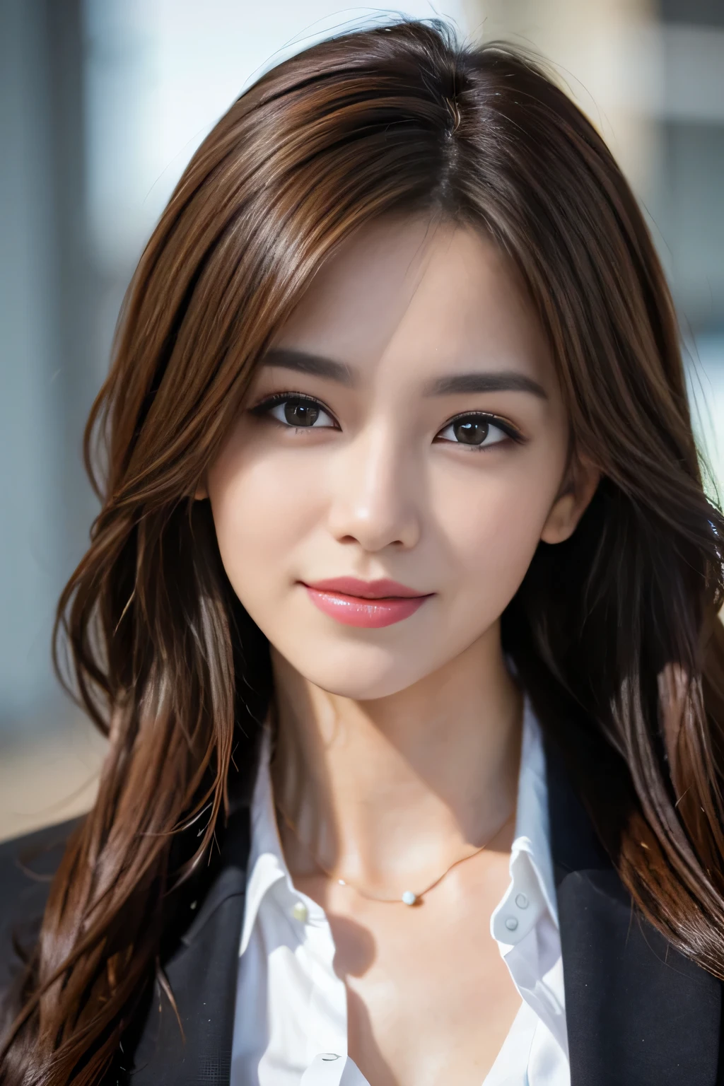 masterpiece, highest quality, realistic, Super detailed, attention to detail, High resolution, 8k wallpaper, one beautiful woman,, light brown messy hair, wearing a business suit, sharp focus, perfect dynamic composition, beautiful and detailed eyes, thin hair, Detailed realistic skin texture, smile, close-up portrait, model body shape