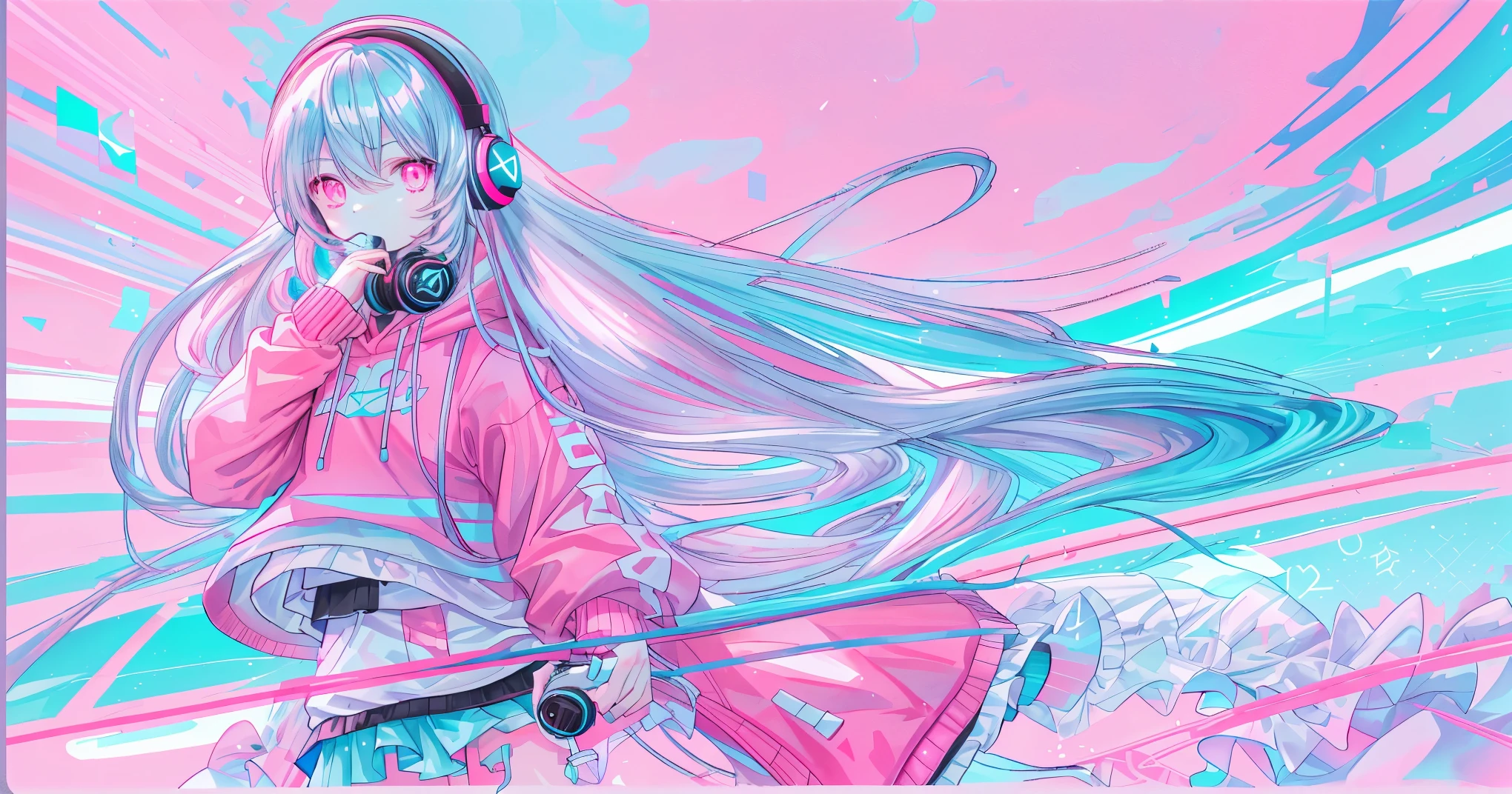 light blue long hair,Pink and white sweatshirt,pink eyes,black headphones,Lollipop in mouth
