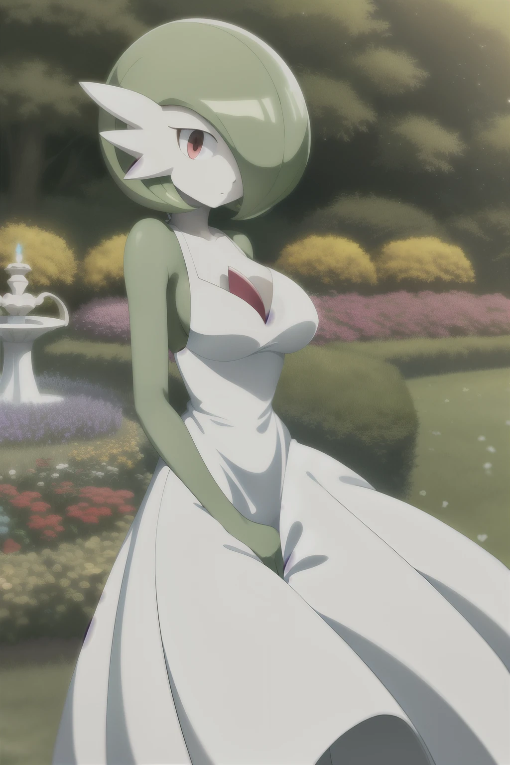 masterpiece, best_quality, 1girl, solo, gardevoir, white dress, creatures \(company\), game freak, nintendo, pokemon, pokemon \(game\), bangs, colored skin, feminine focus, big chest, big breasts, pokemon gen 3, green hair, green skin, hair over one eye, multicolored skin, pokemon \(creature\), red eyes, short hair, two-tone skin, white skin, garden, freckles