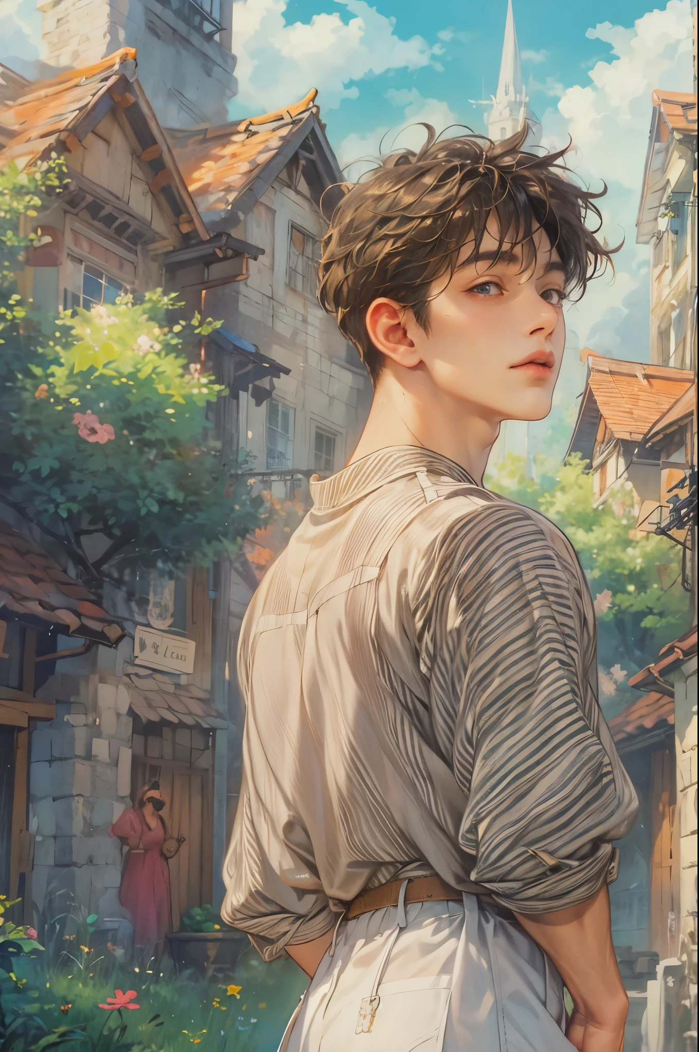 ((Best quality)), ((masterpiece)), (detailed), ((perfect face)), ((halfbody)) handsome face, male, teen boy,  perfect proportions , a male character hero from Ghibli anime, detailed town background, detailed scenery background 