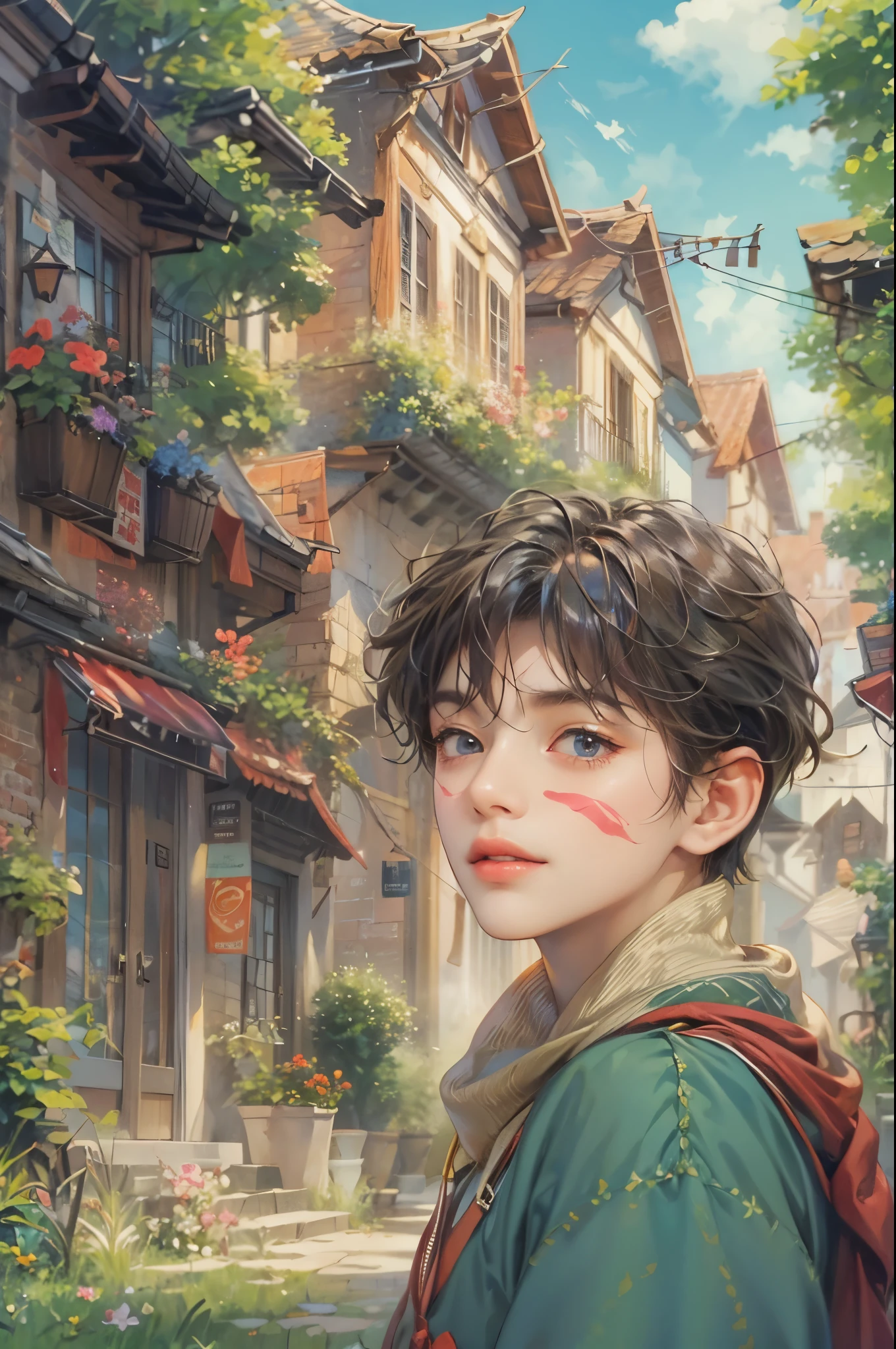 ((Best quality)), ((masterpiece)), (detailed), ((perfect face)), ((halfbody)) handsome face, male, boy, perfect proportions , a male character hero from Ghibli anime, detailed town background, detailed scenery background