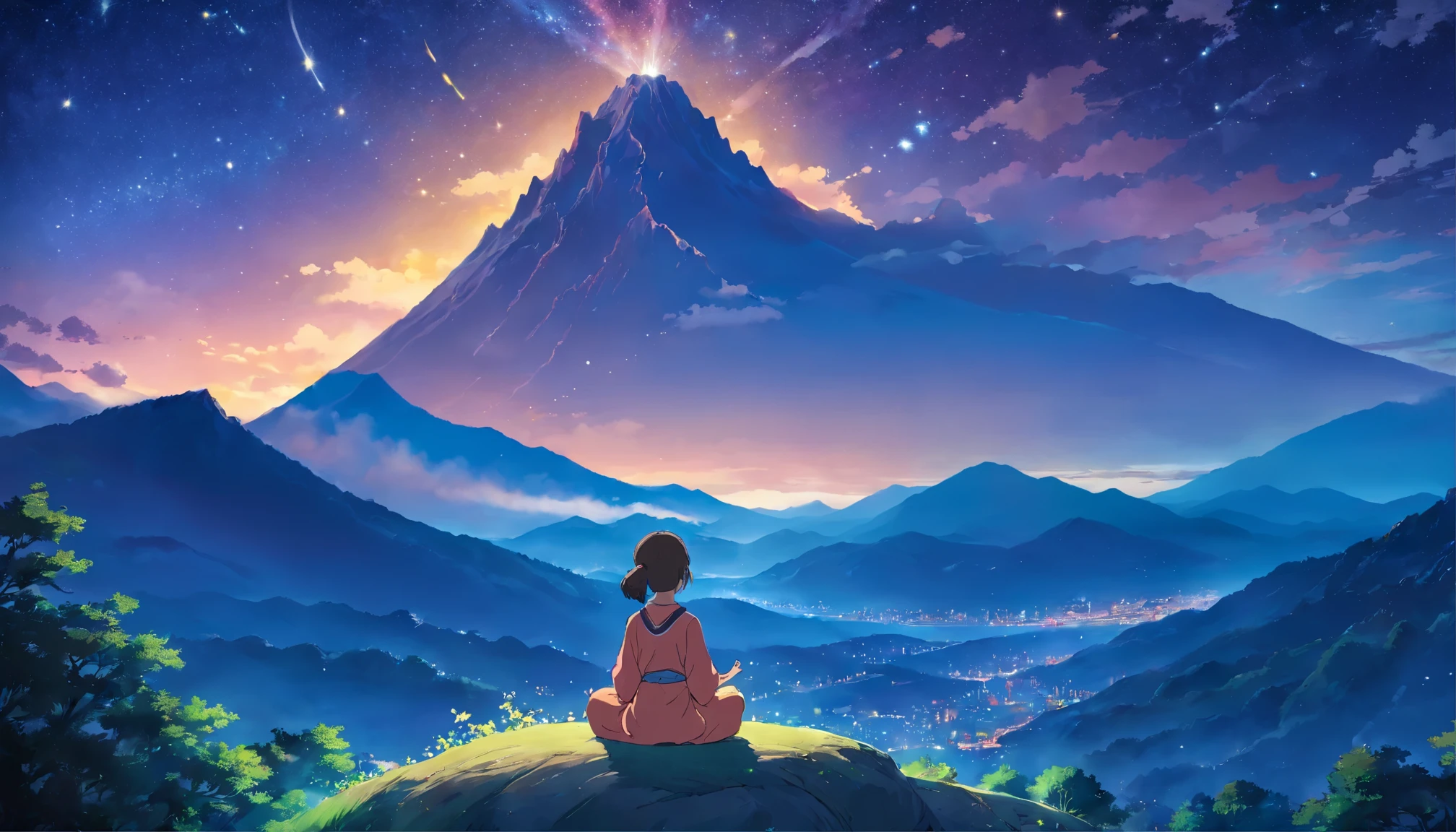 While looking at the starry sky with the mountain top in the background、Girl meditating on Kasu at night