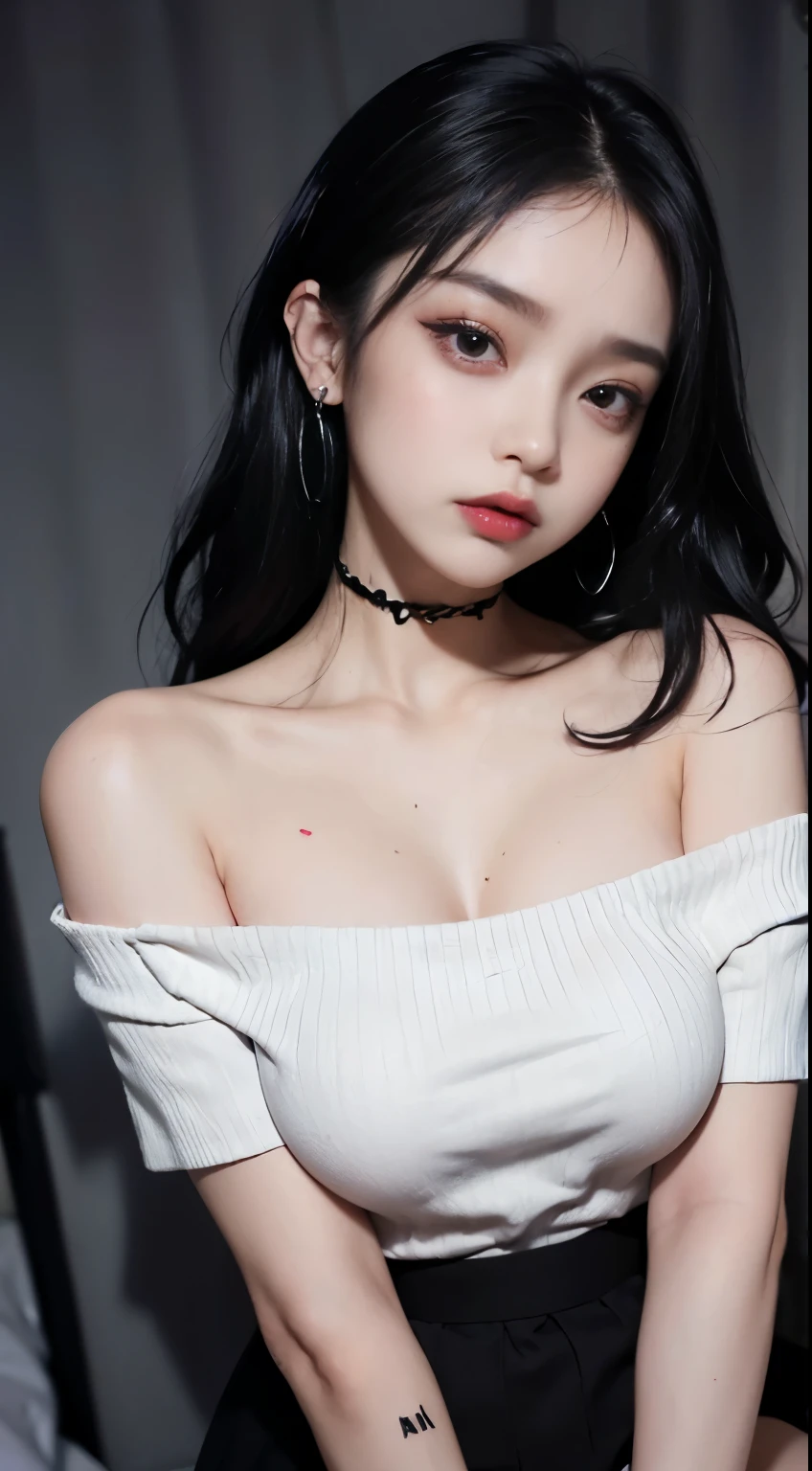 4k-ultra sharp、highest quality, masterpiece, ultra high resolution, (reality: 1.4),  16 year old girl, purple eyes, Off-the-shoulder sweater dresses, cinematic lighting、purple and black hair、(mine girl、goth makeup、mine makeup)、(Pierced ears、big breasts、Oversized black T-shirt with open shoulders、dark mini skirt)、((dark makeup、oil skin,sparkling skin、realistic skin texture、detailed beautiful skin、shiny skin)), Dark Cyberpunk、(full shot:1.8)、thin legs、thin arms、thin shoulders、thin waist、slender body、big breasts、whole body、Height 161cm、Weight 48Kg、H cup、three size:B98・W56・H87、
big breasted , (((sweat,steam,Vulgarity))),open your mouth、stick out your tongue、Drool、wet, dark room、lights out late at night、A room with no lights、shadow、 hotel bedroom、on the bright red bed、spread legs