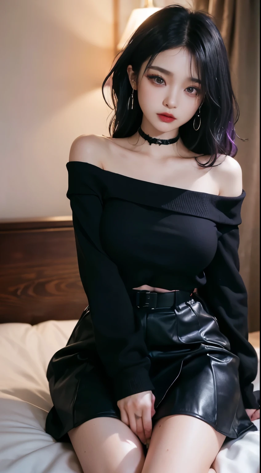 4k-ultra sharp、highest quality, masterpiece, ultra high resolution, (reality: 1.4),  16 year old girl, purple eyes, Off-the-shoulder sweater dresses, cinematic lighting、purple and black hair、(mine girl、goth makeup、mine makeup)、(Pierced ears、big breasts、Oversized black T-shirt with open shoulders、dark mini skirt)、((dark makeup、oil skin,sparkling skin、realistic skin texture、detailed beautiful skin、shiny skin)), Dark Cyberpunk、(full shot:1.8)、thin legs、thin arms、thin shoulders、thin waist、slender body、big breasts、whole body、Height 161cm、Weight 48Kg、H cup、three size:B98・W56・H87、
big breasted , (((sweat,steam,Vulgarity))),open your mouth、stick out your tongue、Drool、wet, dark room、lights out late at night、A room with no lights、shadow、 hotel bedroom、on the bright red bed、spread legs