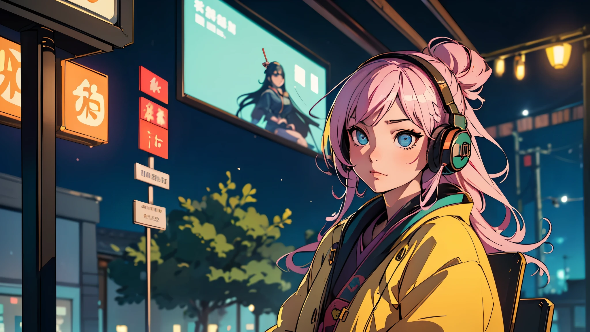 (highest quality,Edo period town、be familiar with,perfect face,beautiful woman listening to music,sitting at the bus stop,cyberpunk look、unusual hair color,soft lighting,Bright colors,sparkling ornaments,night,peaceful atmosphere,Cozy background,expressive eyes,flowing hair,Headphones On,bright eyes,Likeable character、alone