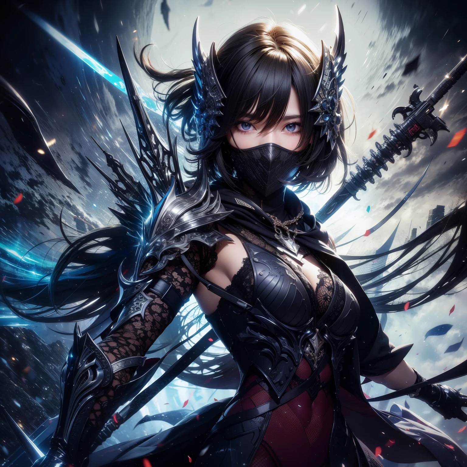 Beauty ninja girl in detailed clothe and armor, bright glowing eyes