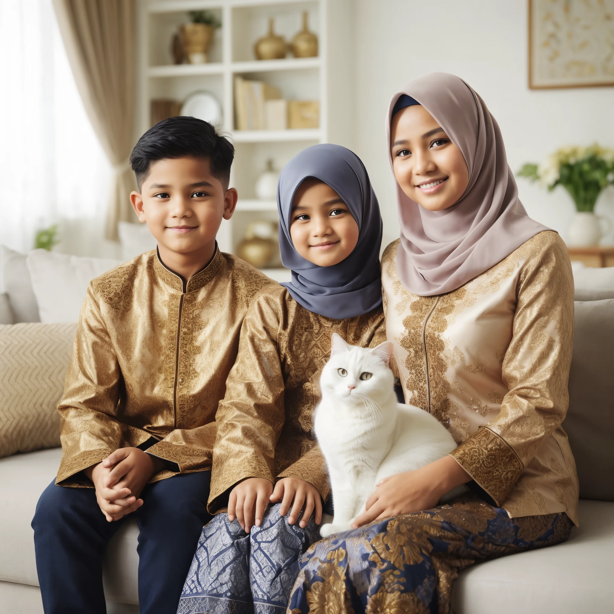Family photo in Indonesia, three members, one 40-year-old chubby mother, one with short hair, and one 10-year-old girb. They are all wearing coordinated navy and gold batik outfits. There is a white American shorthair cat wearing a hijab, posing seated on the luxurious living room sofa. The background is a luxurious living room. The photo is realistic, detailed, ultra HD, with white lighting, and is the best photography, in 8k resolution.