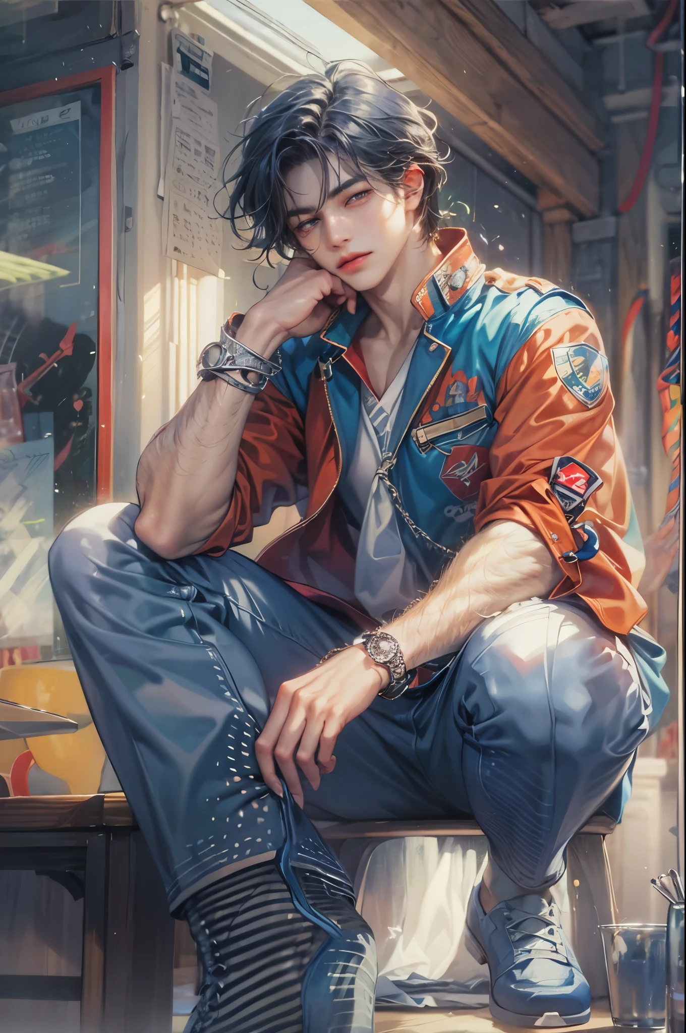 ((Best quality)), ((masterpiece)), (detailed), ((perfect face)), ((halfbody)) handsome face, male, teen boy,  perfect proportions , a character from anime voltes five , casual outfit, detailed school interior scenery background 
