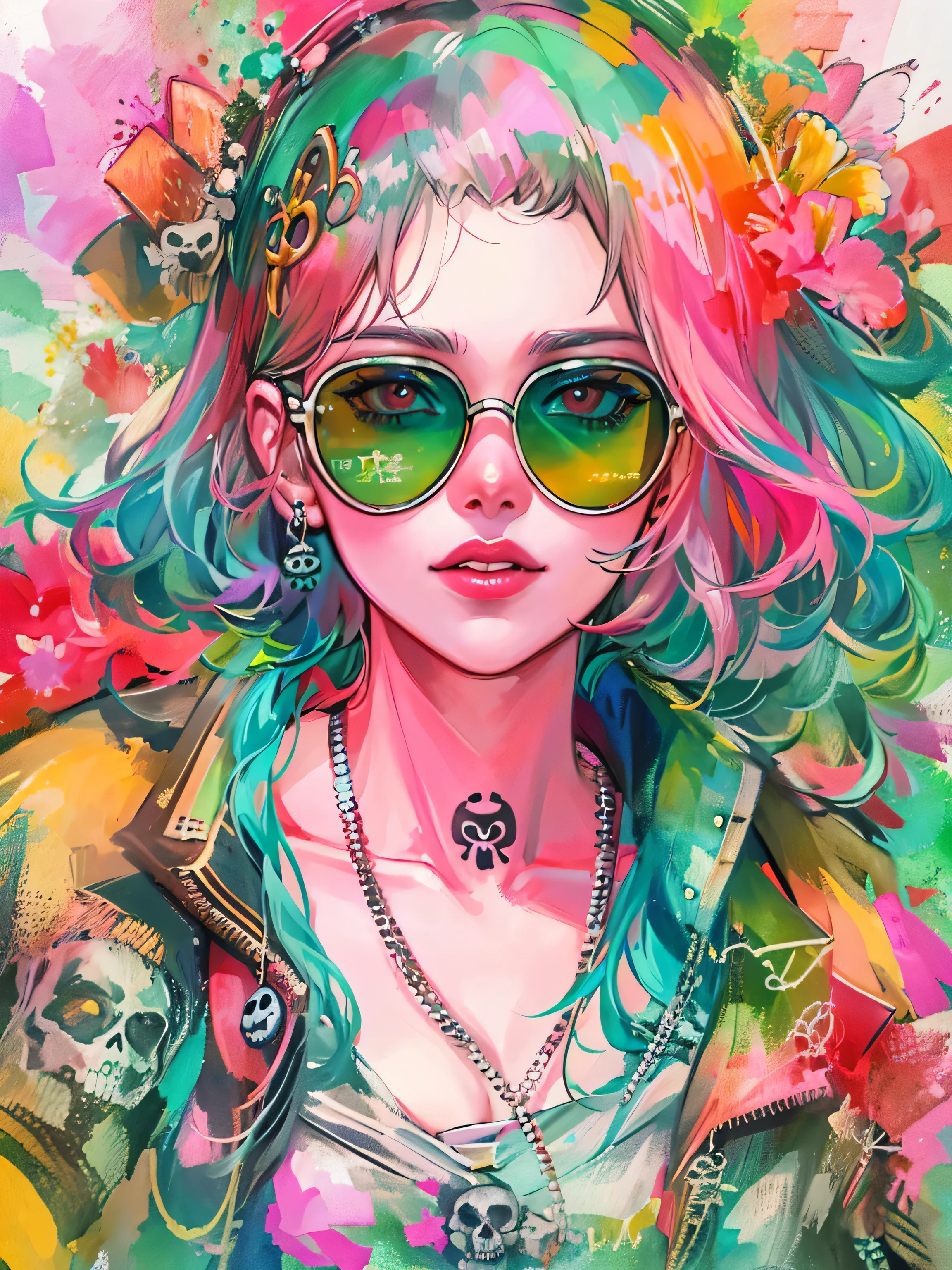 watercolor painting, 8K resolution、((highest quality))、((masterpiece))、((Super detailed))、1 female、alone、incredibly absurd、 (((The most beautiful pirate girl of all time))), (((Stylish sunglasses))), lips in love, white skin, pirate bandana, ((skull fashion)), neon、short cut hair、small breasts, (((colorful doodle art))), colorful flowers、colorful hair, provocative