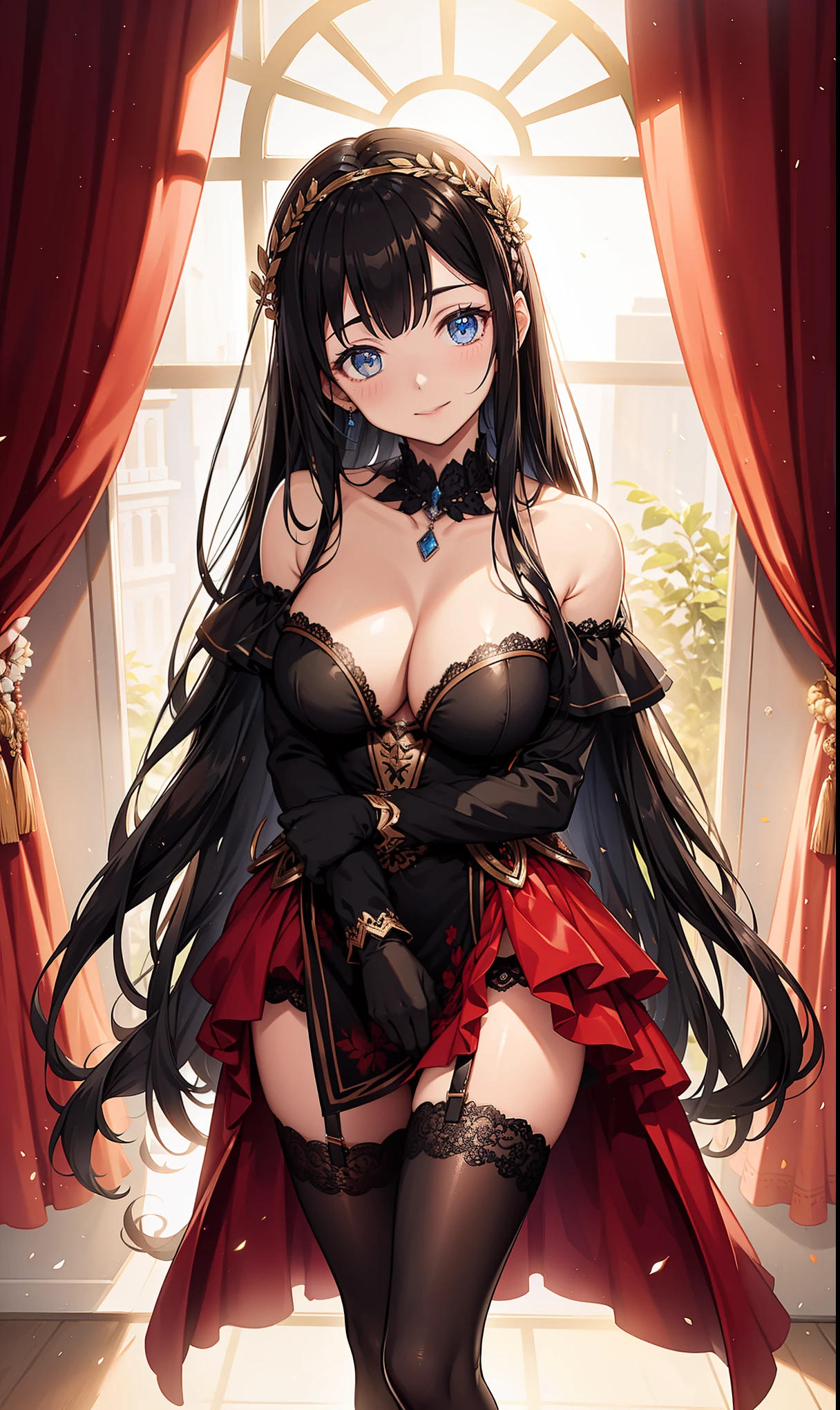 masterpiece, best quality, high resolution, Sa 1, Checked off-the-shoulder dress, black stockings, sparkling eyes, Fake eyelashes,