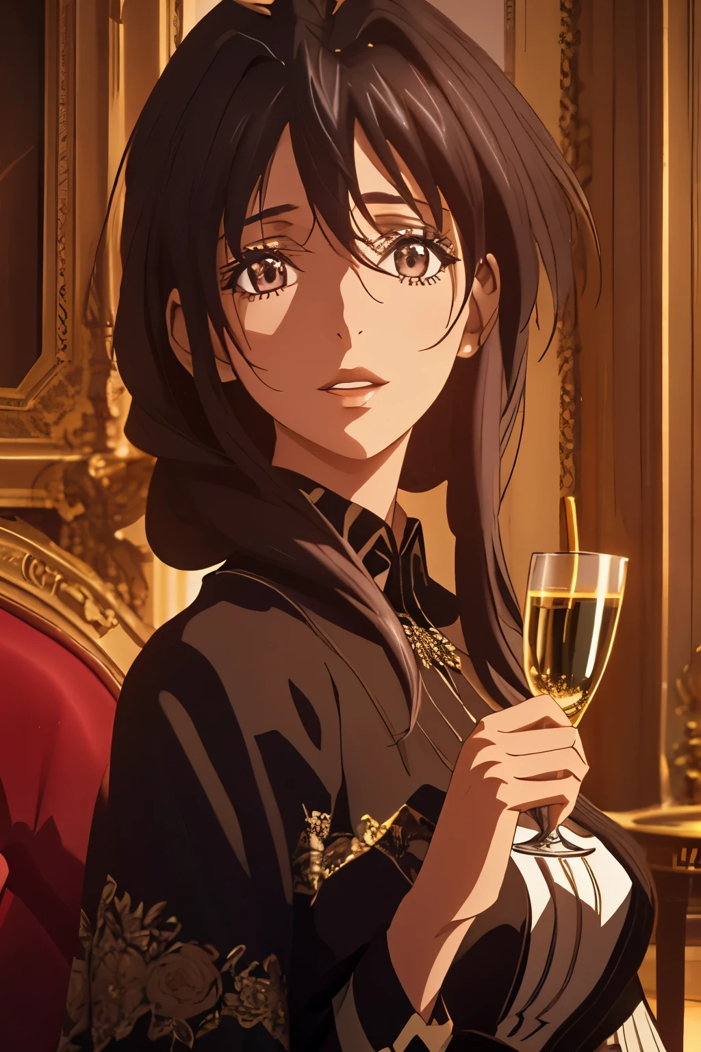 Akeno Himejima,16 HD,in a Black dress for a ball dance,in the style of the season 4 of high school dxd,in a hall with people chatting and drinking in the back,(best quality,4k,8k,highres,masterpiece:1.2),ultra-detailed,(realistic,photorealistic,photo-realistic:1.37),oil painting style,black color tones,stunning lighting,beautiful detailed eyes,beautiful detailed lips,extremely detailed face and body,black hair flowing,confident yet elegant expression,graceful and alluring pose,amazing attention to folds and drapes in the dress,dramatic shadows and highlights on the face and body,fine textures and details on the dress,rich and vibrant colors on the background,sparkling chandeliers reflecting on the floor,romantic and enchanting atmosphere,crowded with elegantly dressed people,engaging in conversations and laughter,clinking glasses filled with champagne,enjoying a glamorous evening,creating a grand and festive ambiance.
