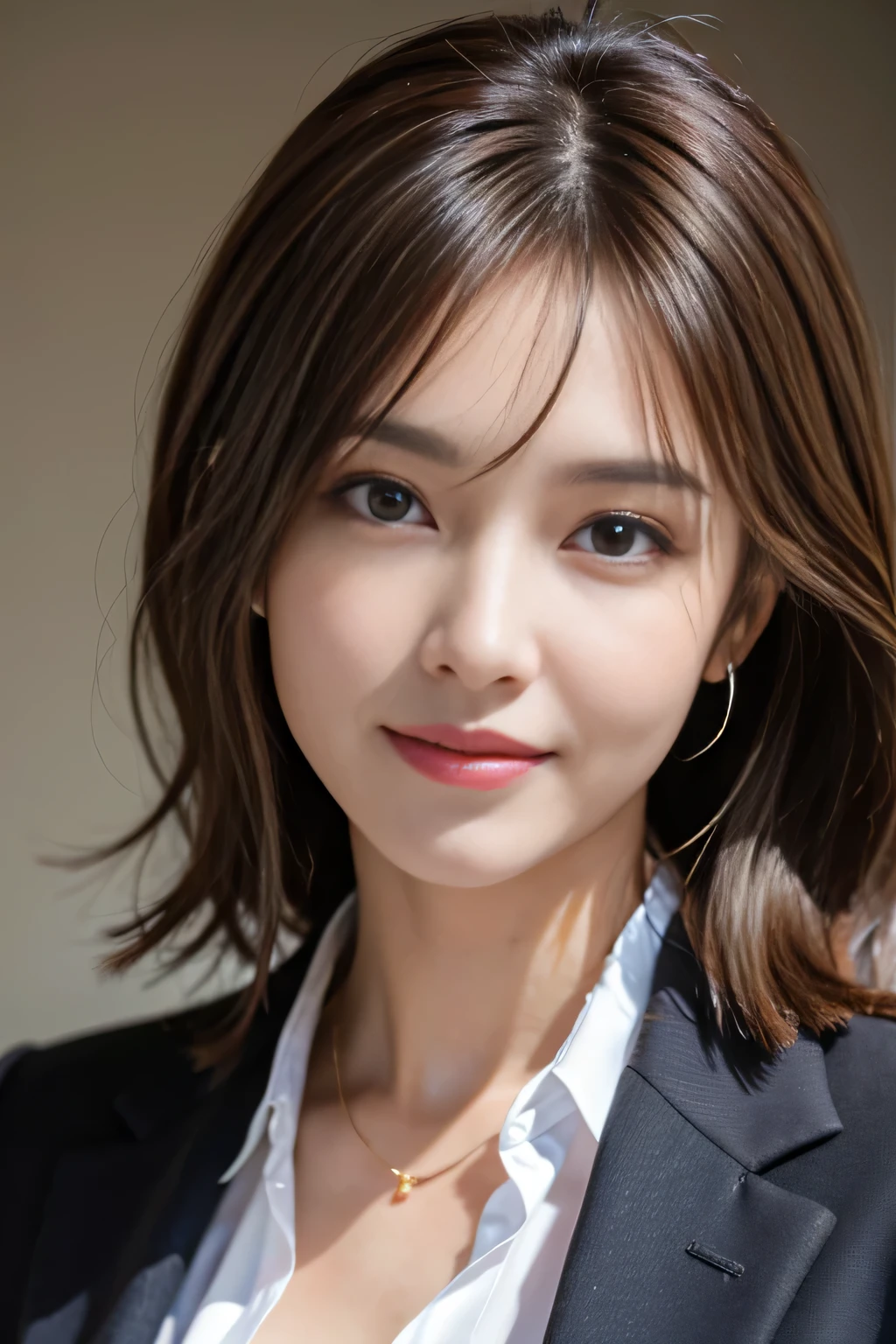 masterpiece, highest quality, realistic, Super detailed, attention to detail, High resolution, 8k wallpaper, one beautiful woman,, light brown messy hair, wearing a business suit, sharp focus, perfect dynamic composition, beautiful and detailed eyes, thin hair, Detailed realistic skin texture, smile, close-up portrait, model body shape