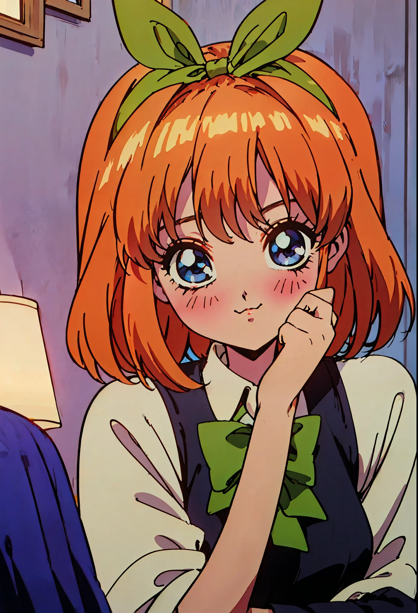 (Old anime, vintage anime, 90's anime style, naoko takeuchi style, masterpiece、top-quality、top-quality、Official art、Beautifully Aesthetic:1.2)、(a beauty girl:1.3)、vivid colours、colourful, Ultra Detail, soft Light, Deep Focus Bokeh, magical photography,  (1 girl, solo, alone), intricate details, sfw, nakano_yotsuba, blue eyes, indigo eyes, aayotsuba, Nakano Yotsuba from The Quintessential Quintuplets, expressive eyes, orange shoulder length hair, orange bob hair, hair ribbon, green bowtie, yellow sleeveless sweater, collared white shirt, green pleated skirt, school uniform, laughing happily, dynamic pose, interesting pose, expressive face, full body, 