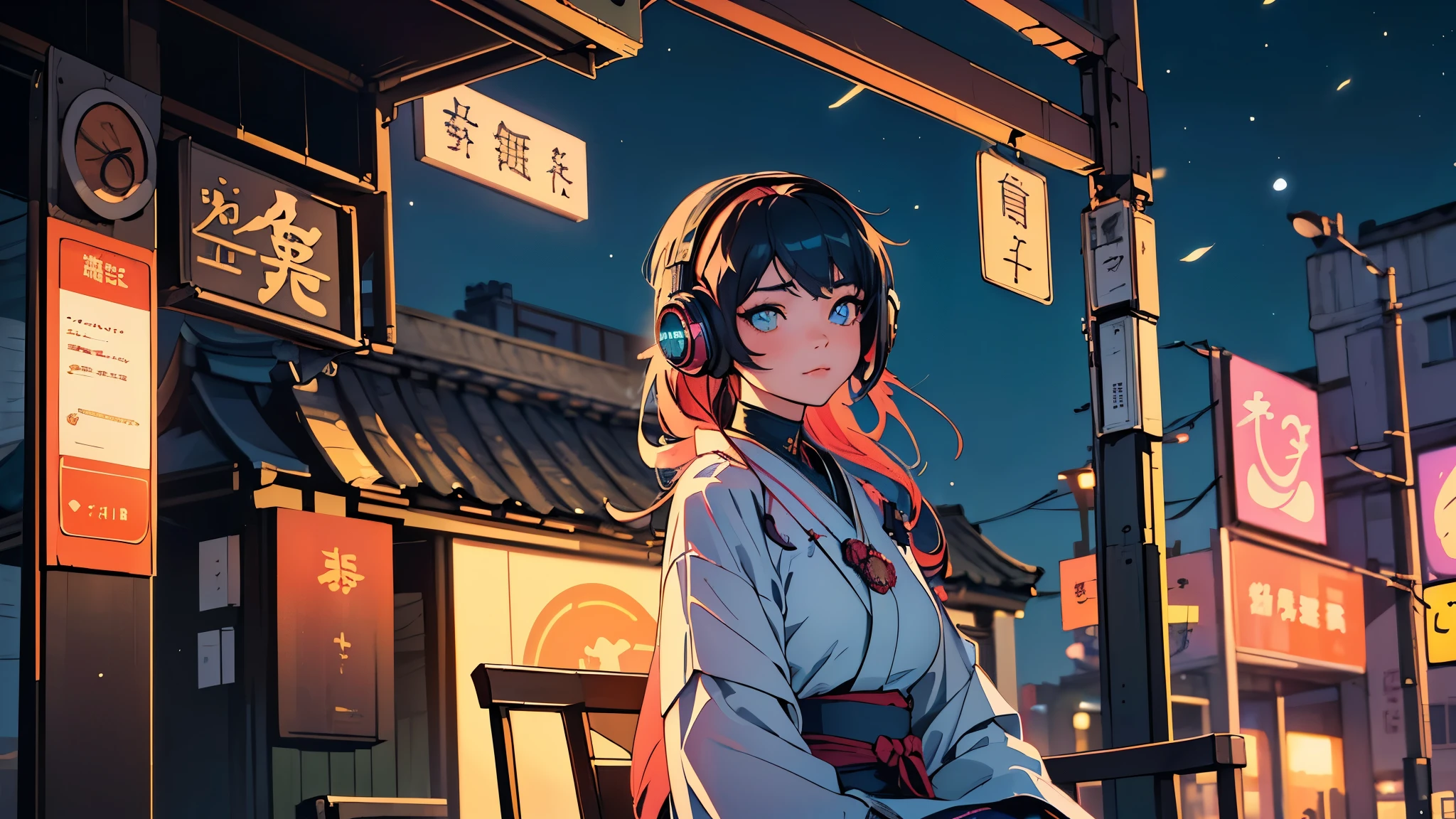 (highest quality,Edo period town、be familiar with,perfect face,beautiful woman listening to music,sitting at the bus stop,cyberpunk look、unusual hair color,soft lighting,Bright colors,sparkling ornaments,night,peaceful atmosphere,Cozy background,expressive eyes,flowing hair,Headphones On,bright eyes,Likeable character、alone