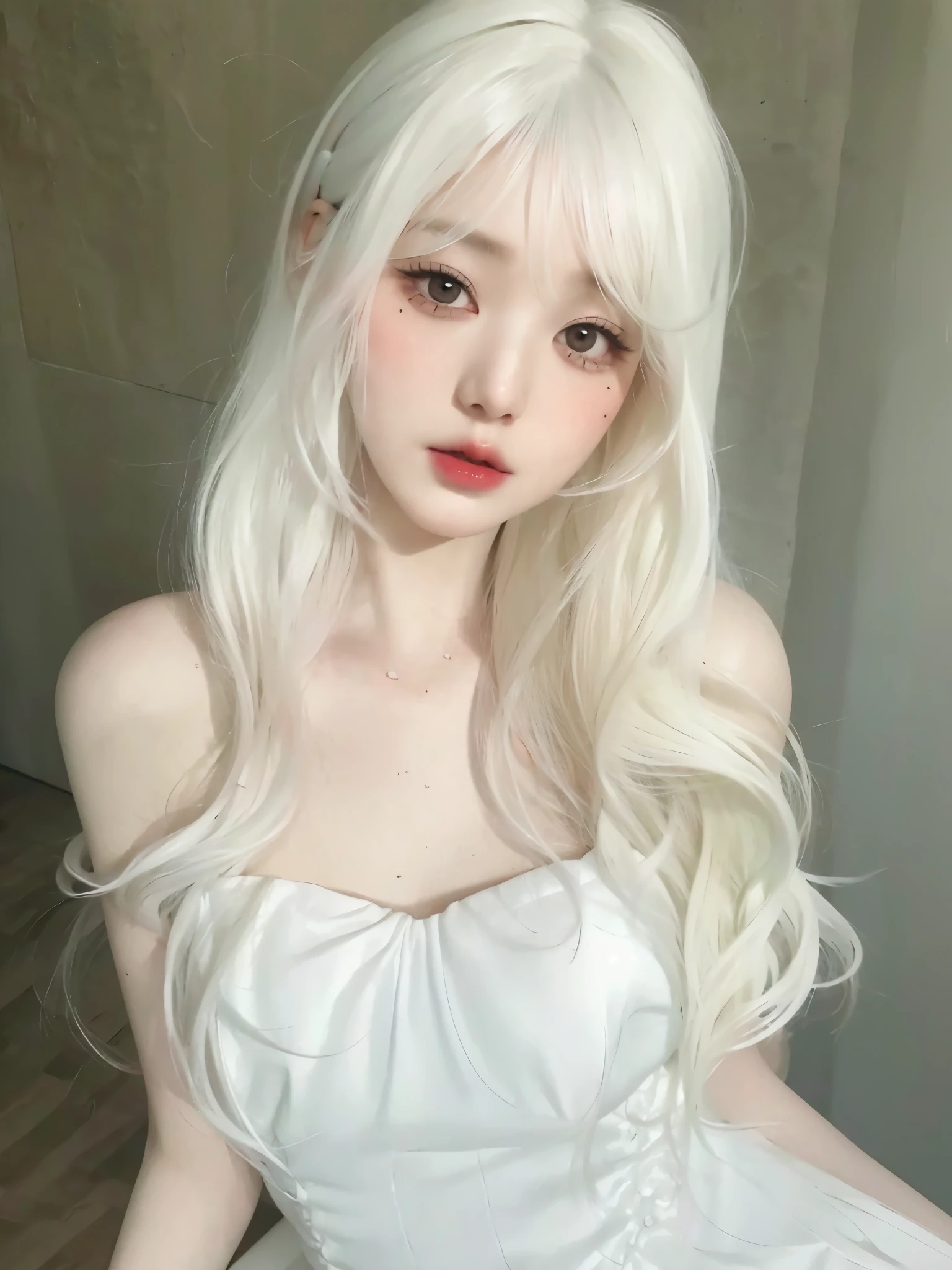 un primer plano de una mujer con cabello largo y rubio con un vestido blanco, pelo largo y blanco y flequillo, peinado de corte hime blanco, con el pelo largo y blanco, pale milky white porcelain skin, con pelo largo y blanco, pale piel blanca de porcelana, extremely pale blonde hair, chica anime en la vida real, flequillo blanco, piel blanca de porcelana, chica perfecta de pelo blanco, chica con pelo blanco