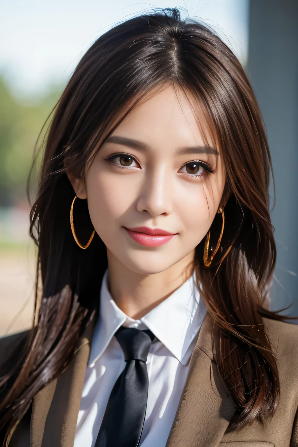 masterpiece, highest quality, realistic, Super detailed, attention to detail, High resolution, 8k wallpaper, one beautiful woman,, light brown messy hair, wearing a business suit, sharp focus, perfect dynamic composition, beautiful and detailed eyes, thin hair, Detailed realistic skin texture, smile, close-up portrait, model body shape