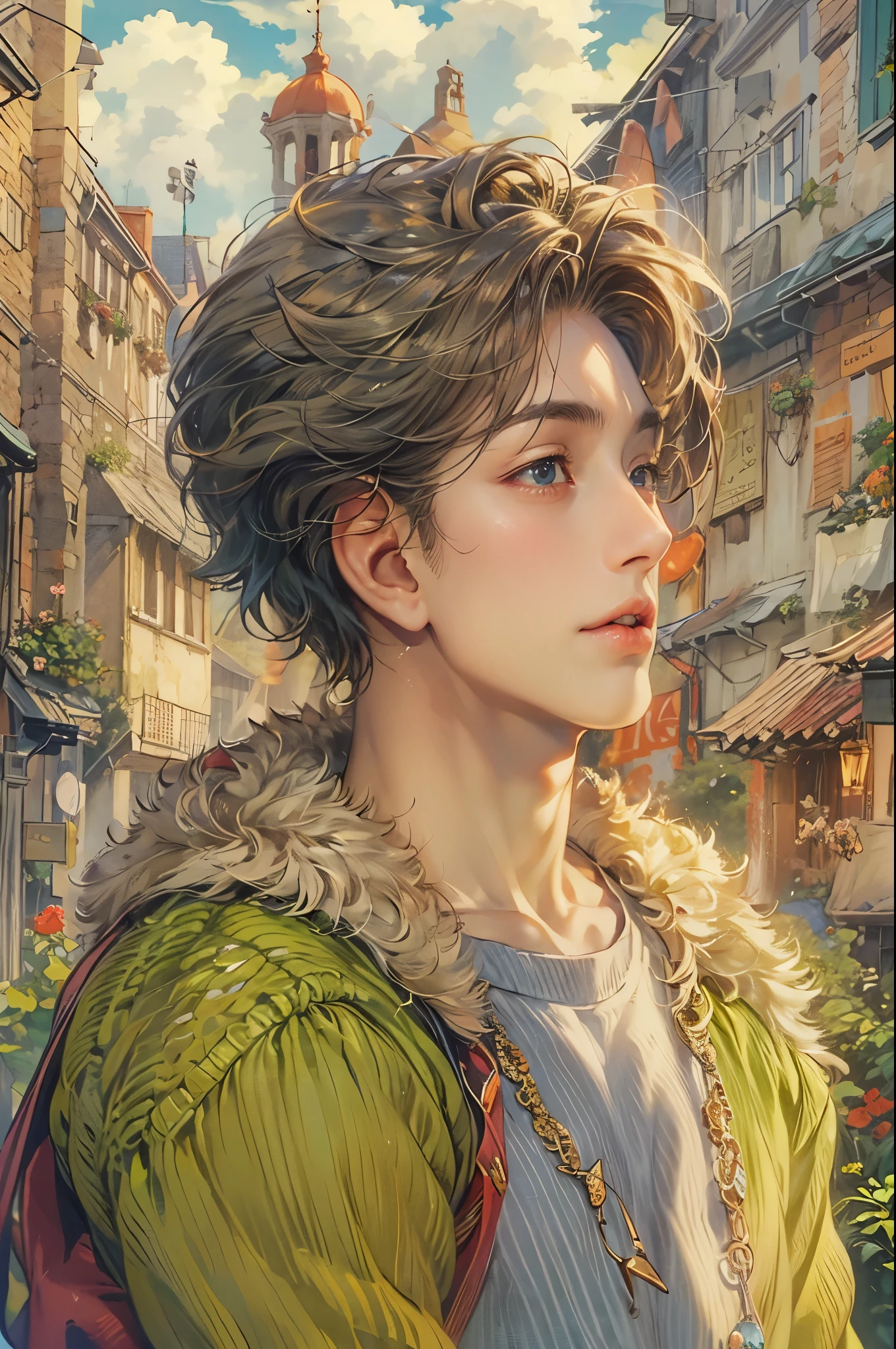((Best quality)), ((masterpiece)), (detailed), ((perfect face)), ((halfbody)) handsome face, male, teen boy, perfect proportions , a male character hero from Ghibli anime, detailed town background, detailed scenery background