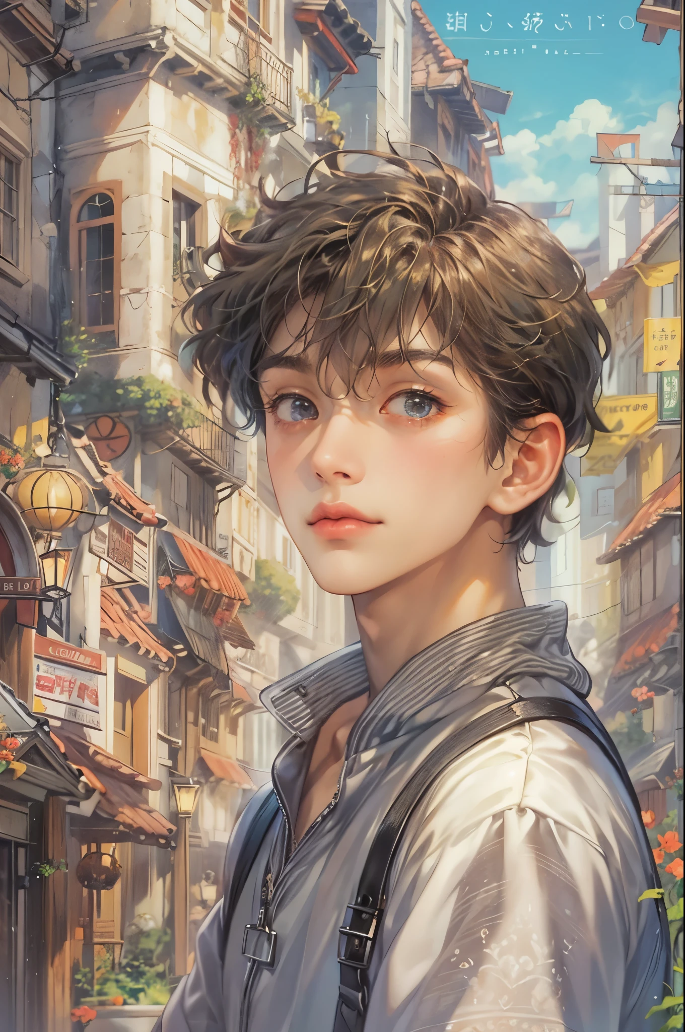 ((Best quality)), ((masterpiece)), (detailed), ((perfect face)), ((halfbody)) handsome face, male, teen boy,  perfect proportions , a male character hero from Ghibli anime, detailed town background, detailed scenery background 