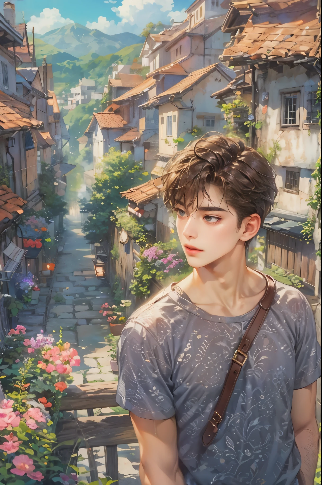 ((Best quality)), ((masterpiece)), (detailed), ((perfect face)), ((halfbody)) handsome face, male, teen boy,  perfect proportions , a male character hero from Ghibli anime, detailed town background, detailed scenery background 