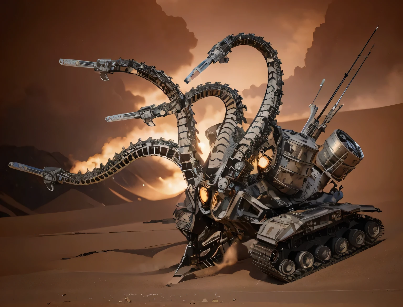 Ultra advanced biomechanical cyborg robotic tank, it has tentacles with laser cannons at their tips, barrels of chemicals in its chassis, black and red metal, it has cameras, sensors, it is in post apocalyptic desert, there are large green mineral crystals on the ground , sunny day, 4k, ultra detailed image, realistic, very detailed, perfect composition, splendid, intricately detailed, incredibly detailed, art photography 8k, hyper detailed, Masterpiece, ultra detailed, hyper realistic, 4k, ultra detailed image, realistic, highly detailed, perfect composition, splendid, intricately detailed, incredibly detailed, Artistic photography in 8k, hyper detailed