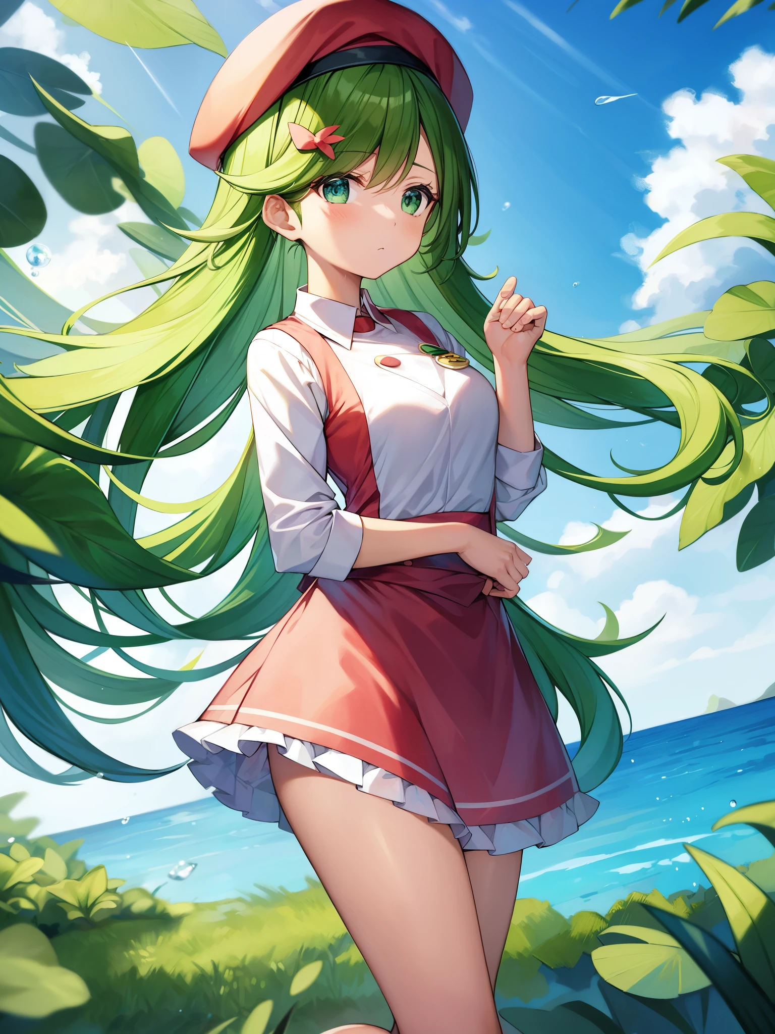 Pokémon、forest林浴、Mao、green hair、sneakers、forest、、beret、Chef Uniform、white shirt、long sleeve、apron、red skirt、flower decoration on head、元気に跳ねた二つ結びの長いgreen hairが特徴的。The proof is a badge on the waist like a water lily.（（（Girl with brown skin）））+++、（（（Girl with brown skin）））+++、（（（Girl with brown skin）））+++、grass type captain、（（a good-tempered chef））++、「green」「clear」「Rain is stop」「the sky clears up」「Alleviates sadness etc.」「overcome sadness etc.」