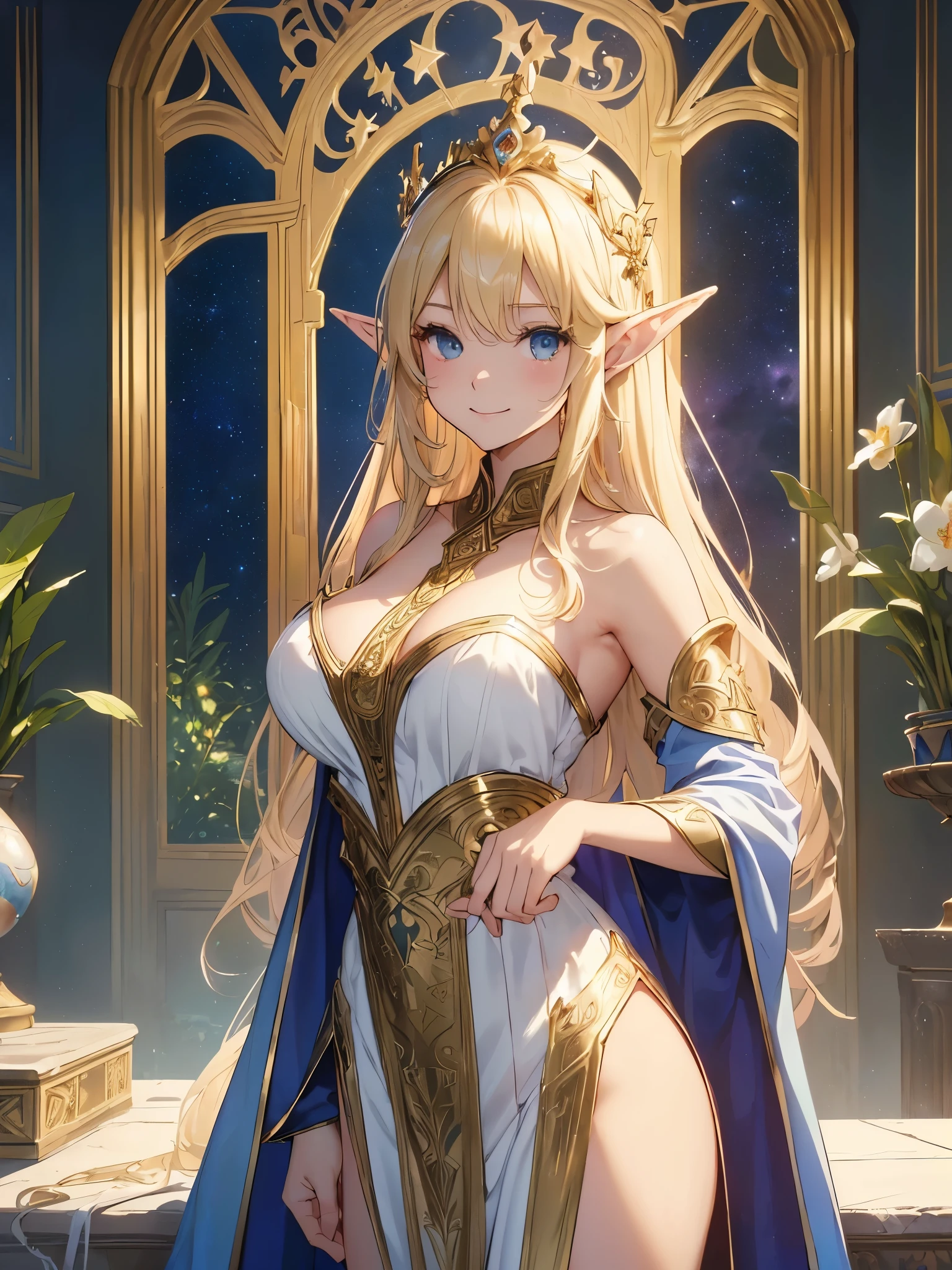 highest quality、Highest image quality、masterpiece、Titania、Super beautiful elf beauty((22 years old OL big bust、bust 90,beautiful long ironed hair、blonde、Height: 165cm。slender、sexy、Esbian、beautiful tiara、night、High quality、美しいart、background((starry ski)))muste piece、ビジュアルart、Depth of the bounds written、、elf ears、光のmagic、universe、A happy smile、gentle light、lanthanum、get lost、、ティッカー美しいdecoration的な、elegant、mystical rosa、 heaven、beautiful dressy、beautiful dress、、giant galaxy、myth、ART、Lord of the Ring、sexy、friendly smile、Fantastic、mysteryの森、in the forest、magicの光、fantasy、flower、super REALITYたくさんの薔薇、magic、Nature、壮大なflower畑、World of Angels、fantasy、hourglass、decoration、marble columns、gold foil、mysteryの光、Art nouveau、alphonse Mucha、Greece、Rome、Byzantine、art、art,mystery,UHD,magicalgentle light,The Door of Another World、壮大なmyth