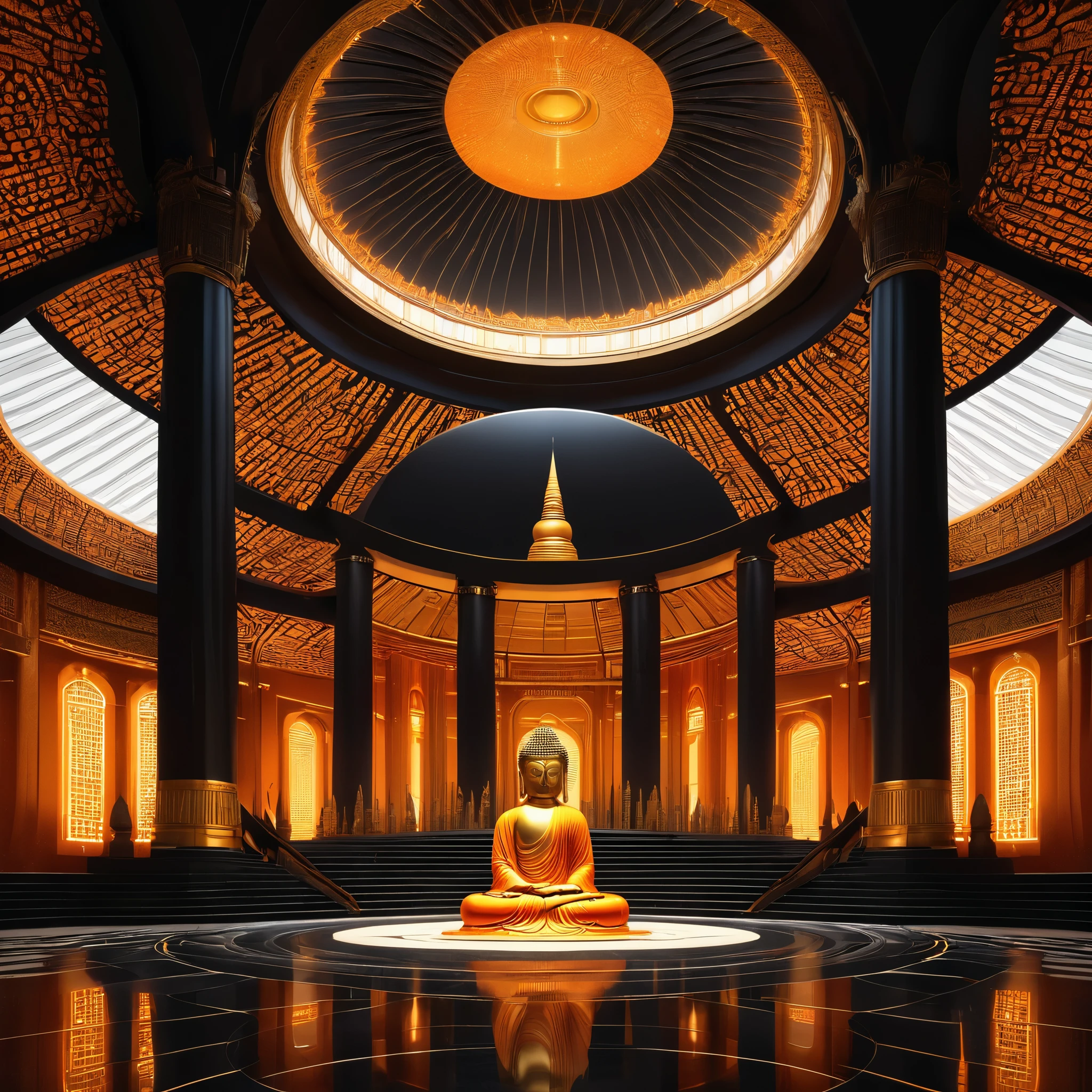 Tyndall's principles of light and shadow art，future buddha，temple，rotunda，Realistic hyper-detailed rendering，32k uhd，dark orange and light gold，Futuristic space escape，system art style，Symmetrical balance，spectacular backdrops，RTX technology，Augmented Reality，RTX VSR video super-resolution technology