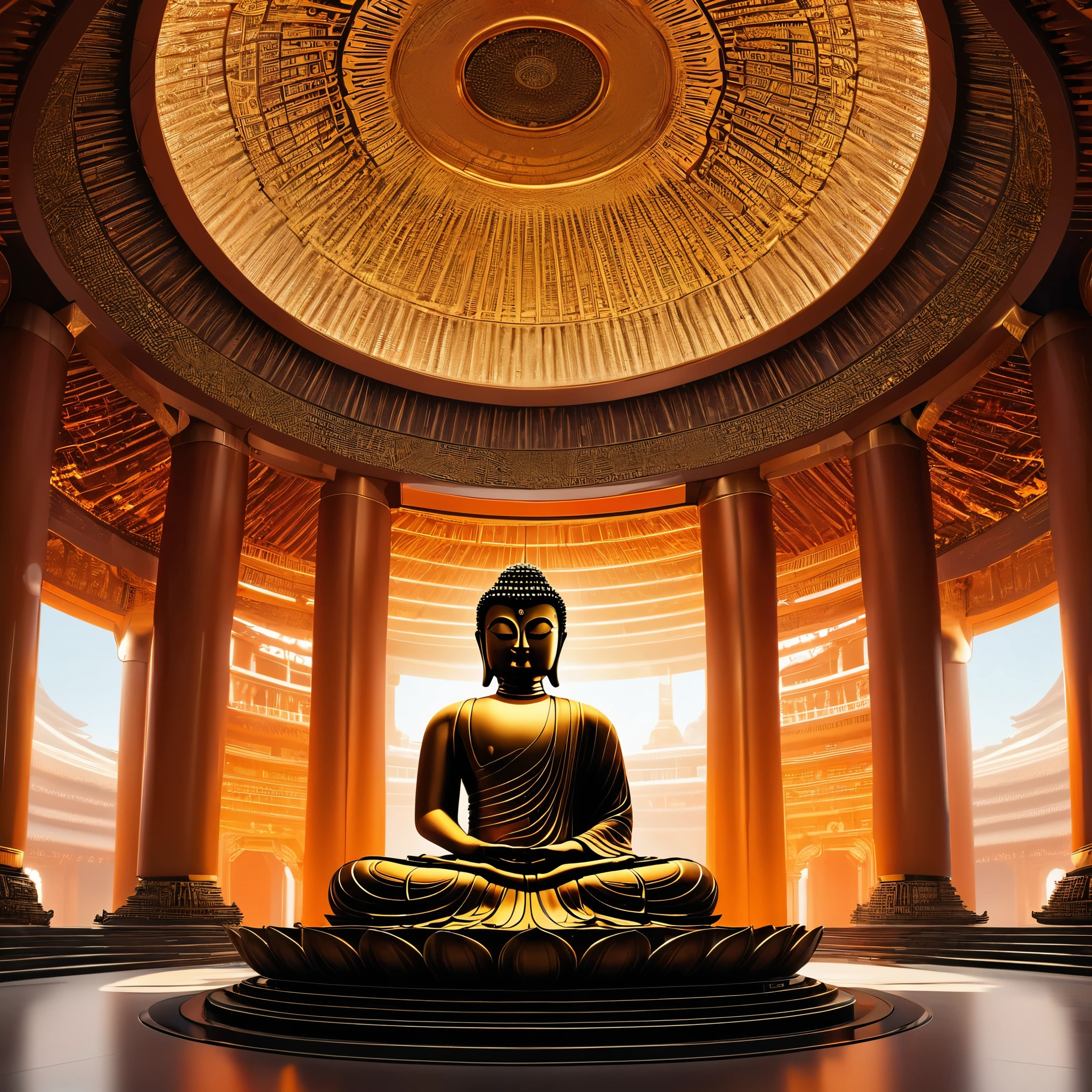 Tyndall's principles of light and shadow art，future buddha，temple，rotunda，Realistic hyper-detailed rendering，32k uhd，dark orange and light gold，Futuristic space escape，system art style，Symmetrical balance，spectacular backdrops，RTX technology，Augmented Reality，RTX VSR video super-resolution technology