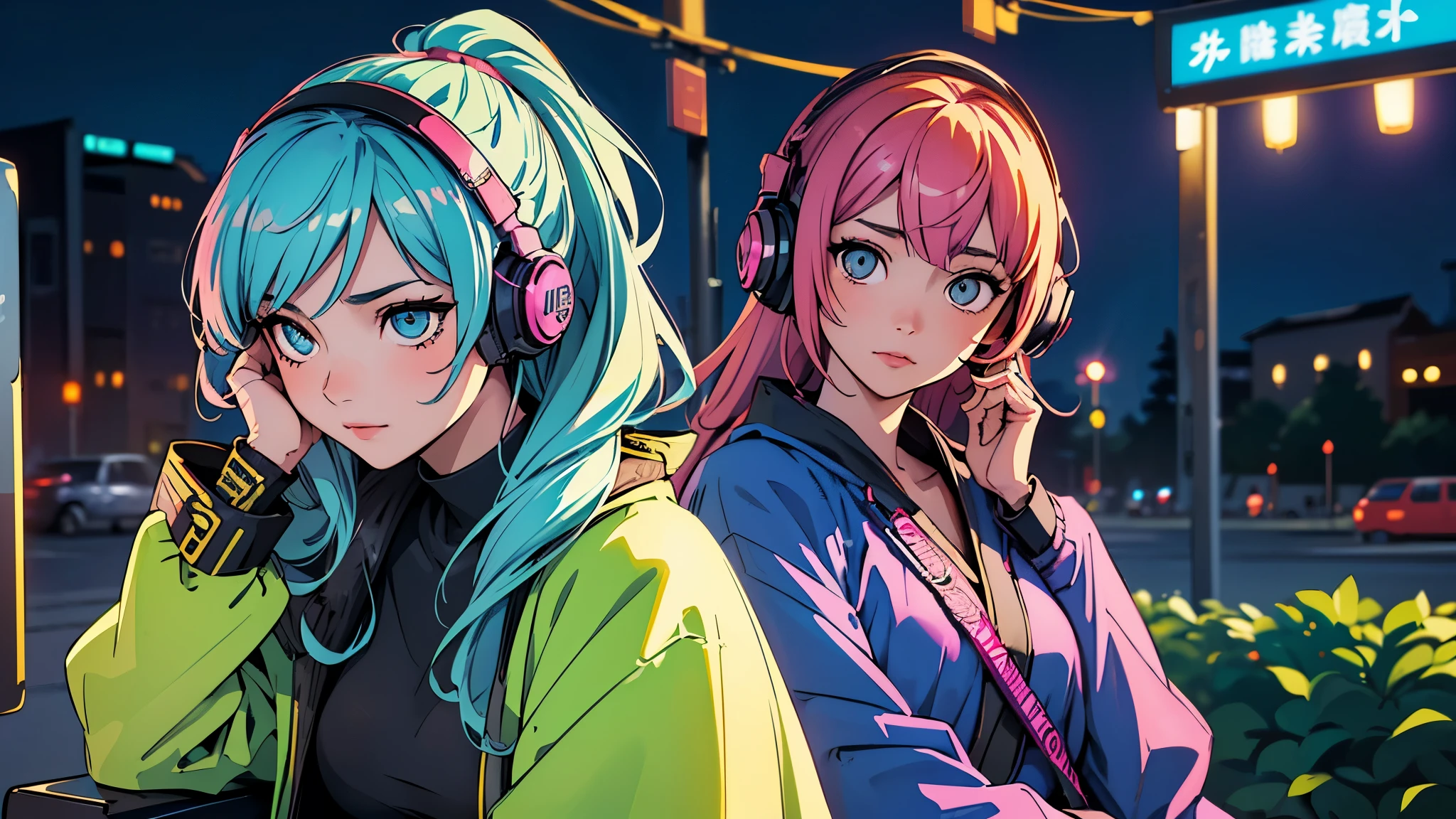 (highest quality,Edo period town、be familiar with,perfect face,beautiful woman listening to music,sitting at the bus stop,cyberpunk look、unusual hair color,soft lighting,Bright colors,sparkling ornaments,night,peaceful atmosphere,Cozy background,expressive eyes,flowing hair,Headphones On,bright eyes,Likeable character、alone