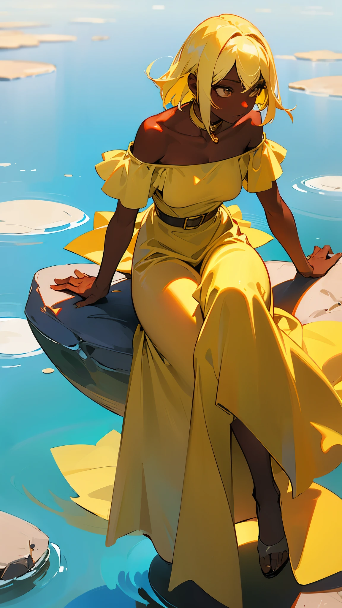 1 girl sitting on a rock in a river, dark skin, yellow hair, yellow casual long dress, chic belt, off-shoulders top, sunny day, clear sky, view from below