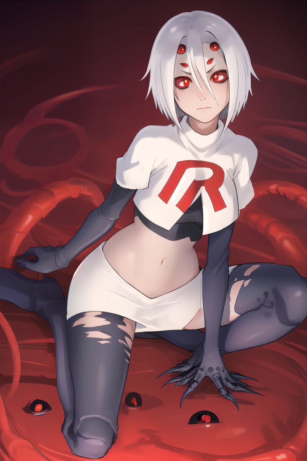 rachneraarachnera, rachnera arachnera, arachne, arthropod girl, (extra eyes:1.5), hair between eyes, insect girl, monster girl, multiple legs, short hair, spider girl, claws, (red eyes:1.5), white hair,
BREAK team rocket,team rocket uniform,white skirt,red letter R,crop top,black thigh-highs,black elbow gloves
BREAK looking at viewer,
BREAK (masterpiece:1.2), best quality, high resolution, unity 8k wallpaper, (illustration:0.8), (beautiful detailed eyes:1.6), extremely detailed face, perfect lighting, extremely detailed CG, (perfect hands, perfect anatomy),