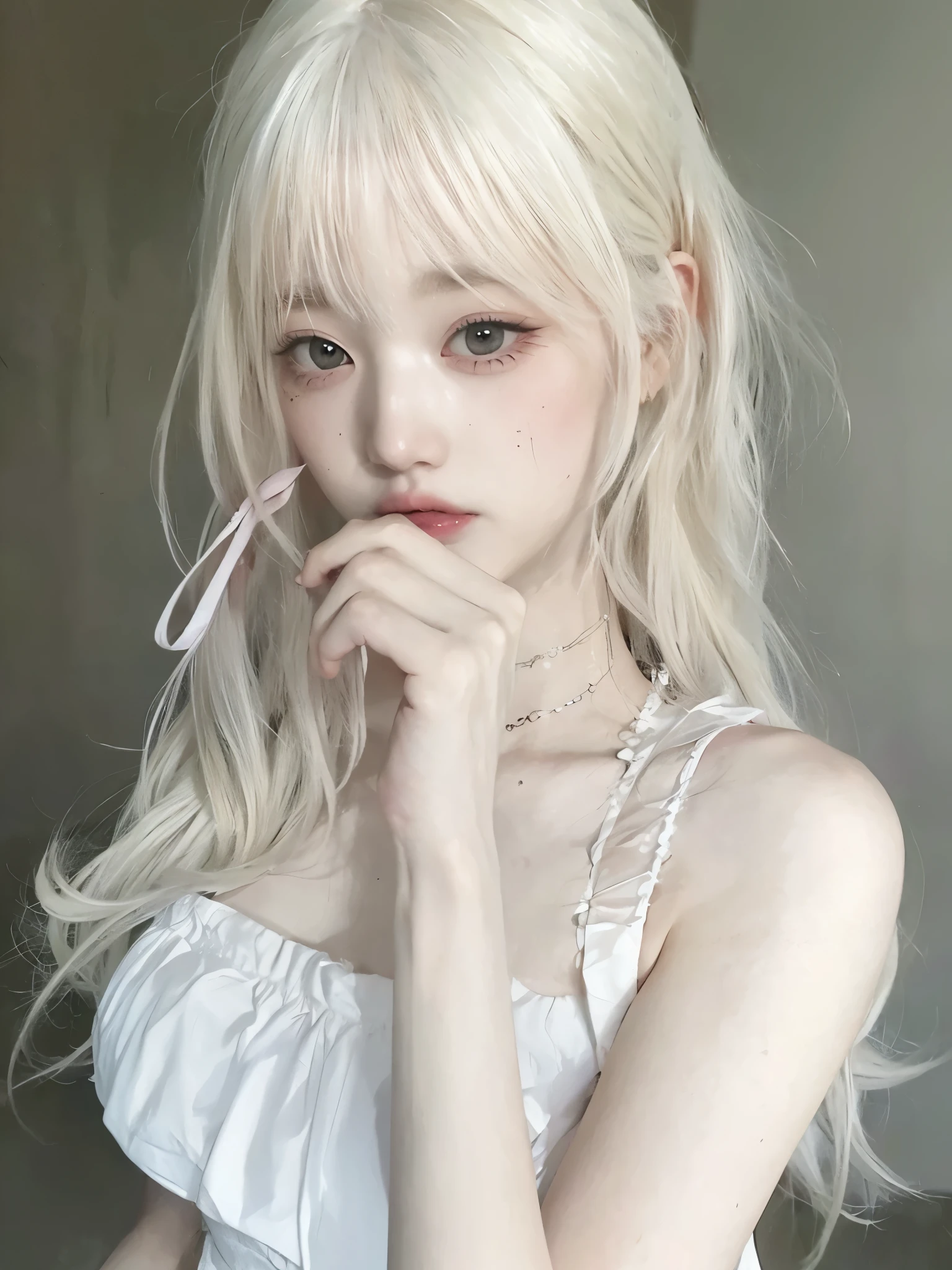 chica de pelo rubio con tijeras rosas en la boca y un vestido blanco, pale milky white porcelain skin, pale porcelain white skin, chica anime en la vida real, pelo largo y blanco y flequillo, young pale ghost, chica anime cosplay, extremely pale blonde hair, peinado de corte hime blanco, bella delfina, very very pale blonde hair, con el pelo largo y blanco, chica anime joven realista