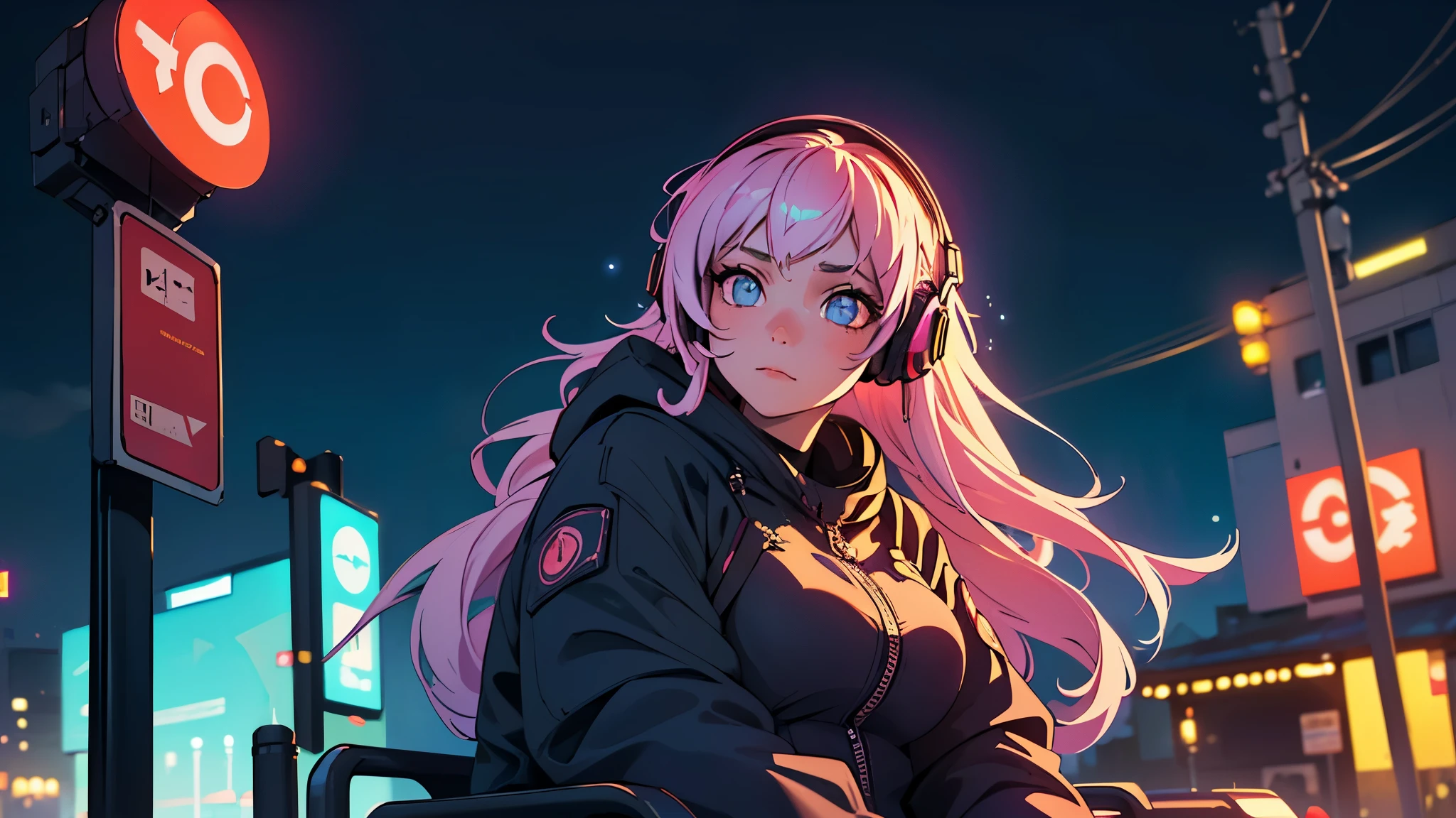 (best quality, detailed, perfect face, beautiful girl listening to music, sitting at a bus stop, cyberpunk appearance, unique hair color, soft lighting, vibrant colors, sparkling ornaments, night, peaceful atmosphere, cozy background, expressive eyes, flowing hair, wearing headphones, bright eyes, likable character, alone)