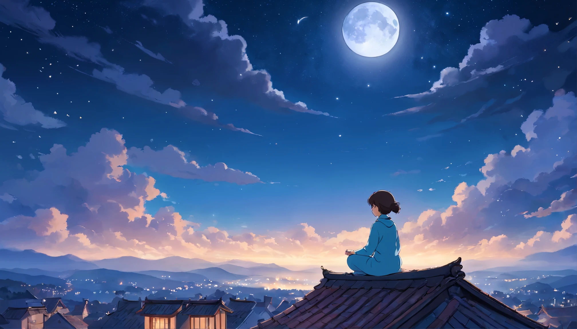 Girl sleeping and meditating on the roof of the house, starry sky,figure,High resolution,(highest quality:1.2),super detailed,(realistic:1.37),peaceful atmosphere,yoga poses,Spiritual Journey,quiet contemplation,Silhouette effect,quiet night,moon light reflection,calm and serene,sit cross-legged,Self-discovery,enlightenment,deep breath,A harmonious connection with the universe,breeze,accidental,Tranquility of the mind,harmony with nature,thoughtful expression,Clouds illuminated by moonlight,Inner peace,Rooftop illuminated by moonlight,Tranquility and tranquility,moonlit landscape,A peaceful dream-like experience,silence in solitude,peaceful inner world,fantastic atmosphere,Moonlit atmosphere,inner balance,moonlit meditation,quiet solitude,starry sky