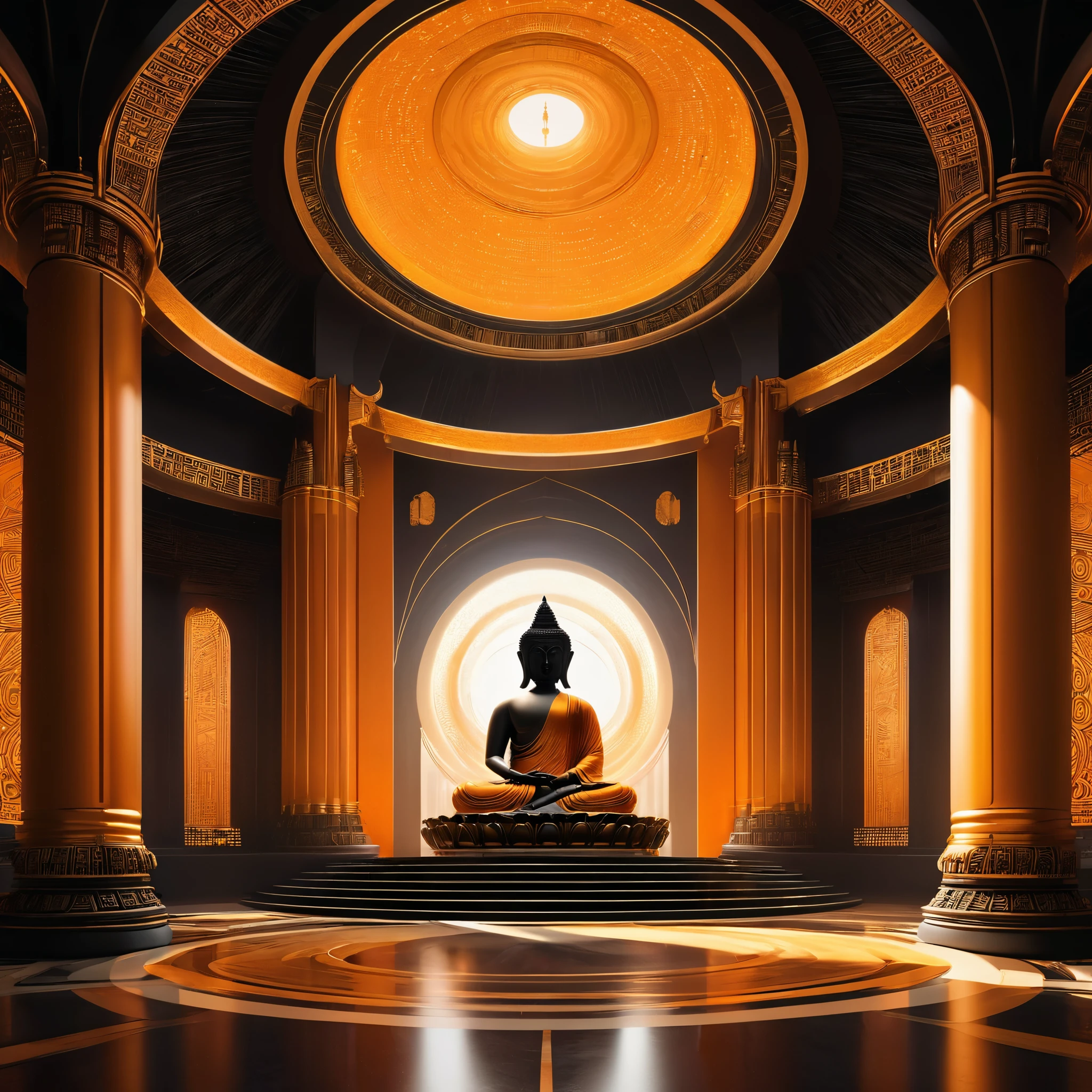Tyndall's principles of light and shadow art,future buddha,temple,rotunda,Realistic hyper-detailed rendering,32k uhd,dark orange and light gold,Futuristic space escape,system art style,Symmetrical balance,spectacular backdrops,RTX technology,Augmented Reality,RTX VSR video super-resolution technology