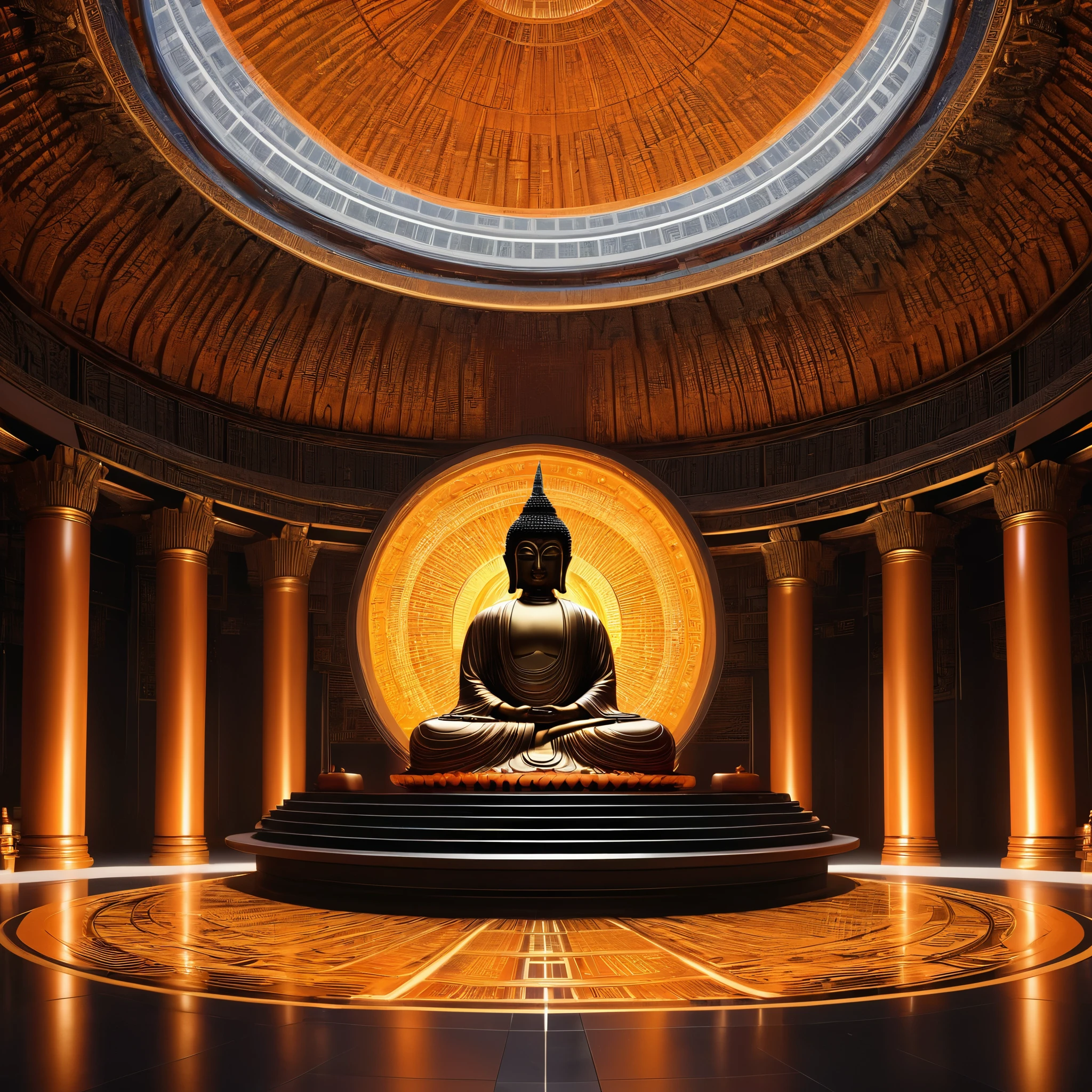 Tyndall's principles of light and shadow art，future buddha，temple，rotunda，Realistic hyper-detailed rendering，32k uhd，dark orange and light gold，Futuristic space escape，system art style，Symmetrical balance，spectacular backdrops，RTX technology，Augmented Reality，RTX VSR video super-resolution technology