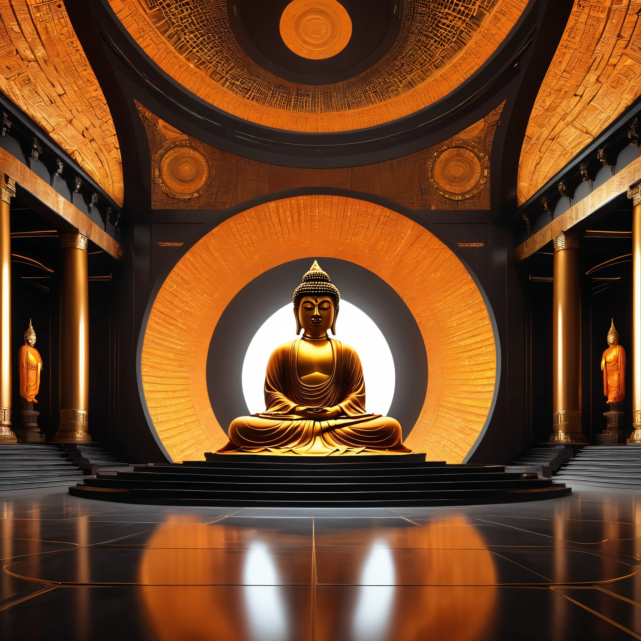 Tyndall's principles of light and shadow art,future buddha,temple,rotunda,Realistic hyper-detailed rendering,32k uhd,dark orange and light gold,Futuristic space escape,system art style,Symmetrical balance,spectacular backdrops,RTX technology,Augmented Reality,RTX VSR video super-resolution technology