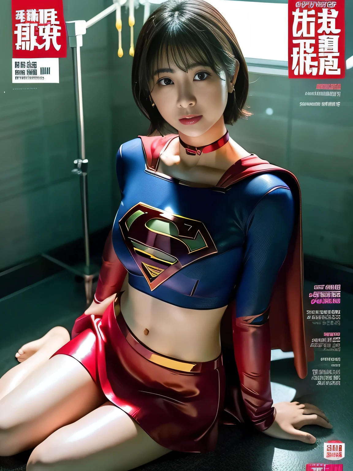 masterpiece、supergirl costume、short hair、barefoot、big and full breasts、Crisis situation、operating room、operating table、straddle、Sweat、shiny、look at the camera、provoke、Estrus、choker、Weekly magazine cover、long sleeve、red mini skirt、obscene pose、Seduce、