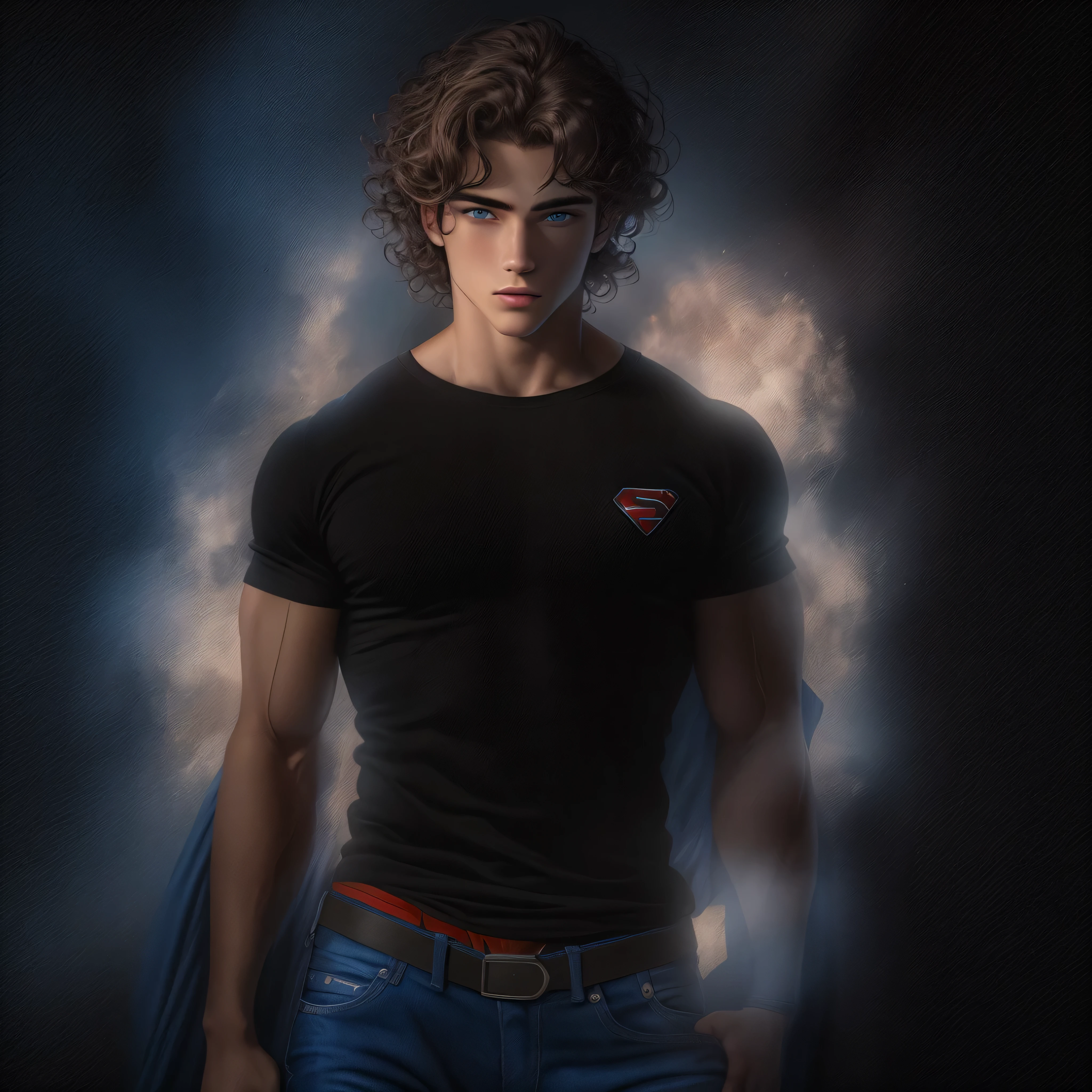 portrait of a handsome male model, 18 years old, black shirt with superman symbol on the front, jean pants, without beard, with wavy hair, blue eyes, defined muscles, fit, ripped body, medium shot, ultra highest detailed face, darmatic lighting, dim light