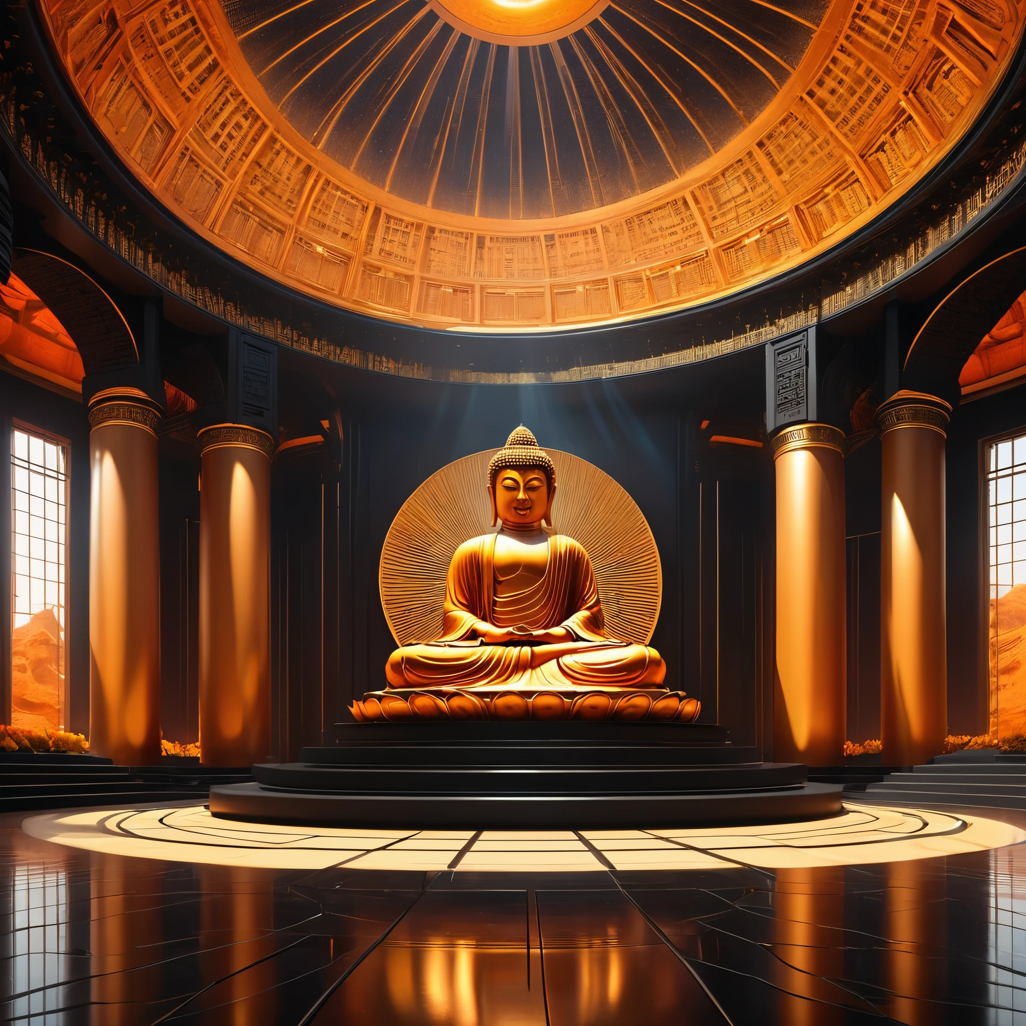 Tyndall's principles of light and shadow art，future buddha，temple，rotunda，Realistic hyper-detailed rendering，32k uhd，dark orange and light gold，Futuristic space escape，system art style，Symmetrical balance，spectacular backdrops，RTX technology，Augmented Reality，RTX VSR video super-resolution technology