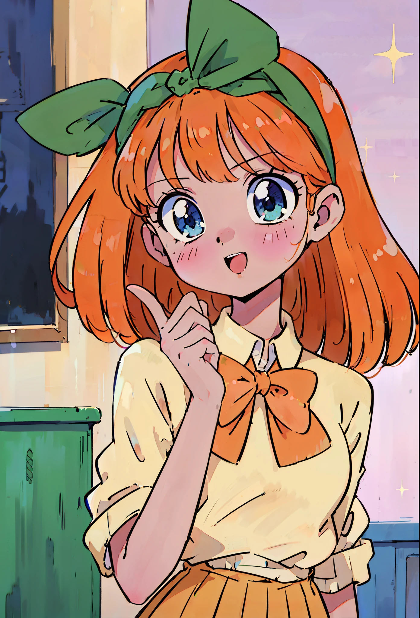 (Old anime, vintage anime, 90's anime style, naoko takeuchi style, masterpiece、top-quality、top-quality、Official art、Beautifully Aesthetic:1.2)、(a beauty girl:1.3)、vivid colours、colourful, Ultra Detail, soft Light, Deep Focus Bokeh, magical photography, (1 girl, solo, alone), intricate details, sfw, nakano_yotsuba, blue eyes, indigo eyes, aayotsuba, Nakano Yotsuba from The Quintessential Quintuplets, expressive eyes, orange shoulder length hair, orange bob hair, hair ribbon, green bowtie, yellow sleeveless sweater, collared white shirt, green pleated skirt, school uniform, laughing happily, dynamic pose, interesting pose, expressive face, full body,
