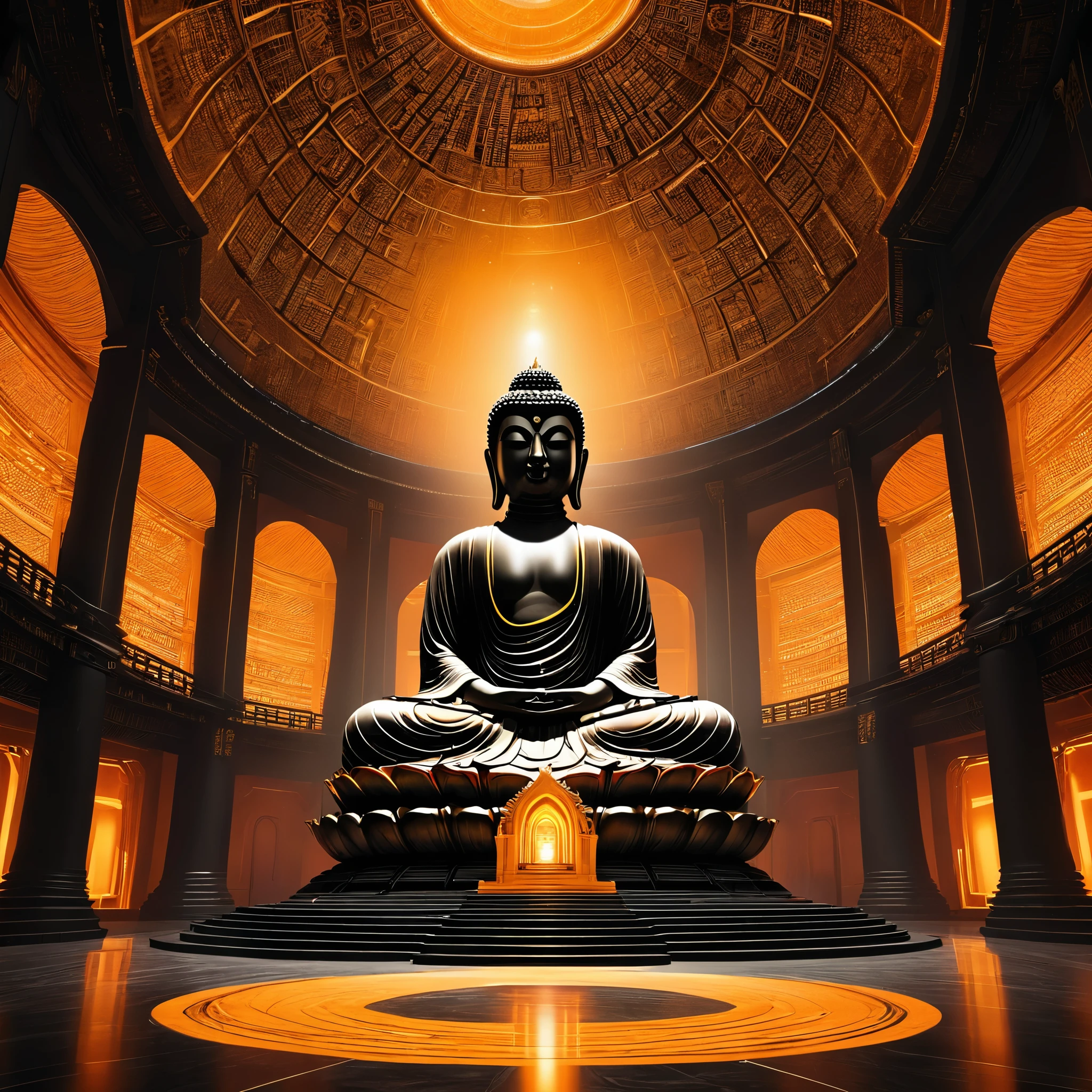 Tyndall's principles of light and shadow art，future buddha，temple，rotunda，Realistic hyper-detailed rendering，32k uhd，dark orange and light gold，Futuristic space escape，system art style，Symmetrical balance，spectacular backdrops，RTX technology，Augmented Reality，RTX VSR video super-resolution technology