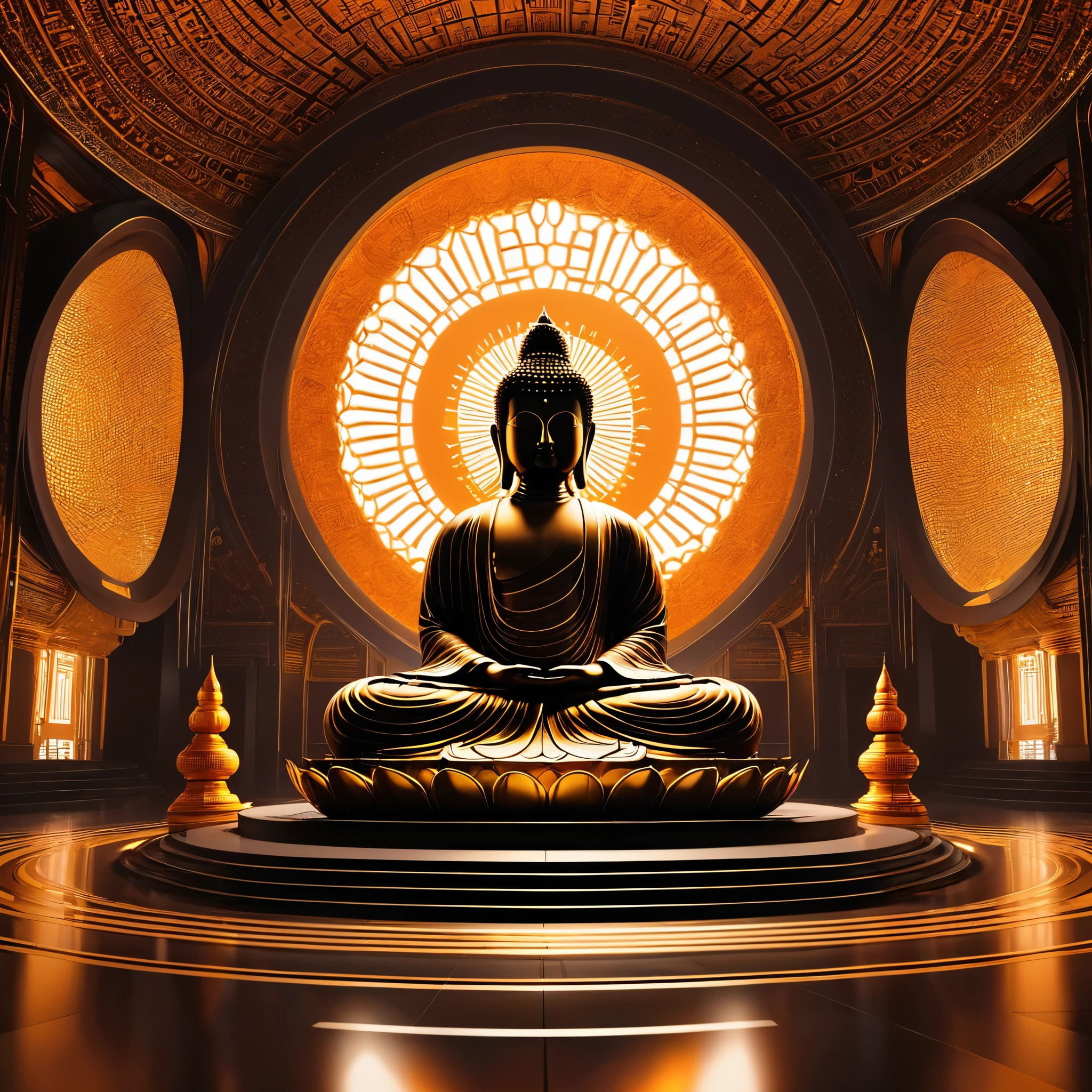 Tyndall's principles of light and shadow art，future buddha，temple，rotunda，Realistic hyper-detailed rendering，32k uhd，dark orange and light gold，Futuristic space escape，system art style，Symmetrical balance，spectacular backdrops，RTX technology，Augmented Reality，RTX VSR video super-resolution technology