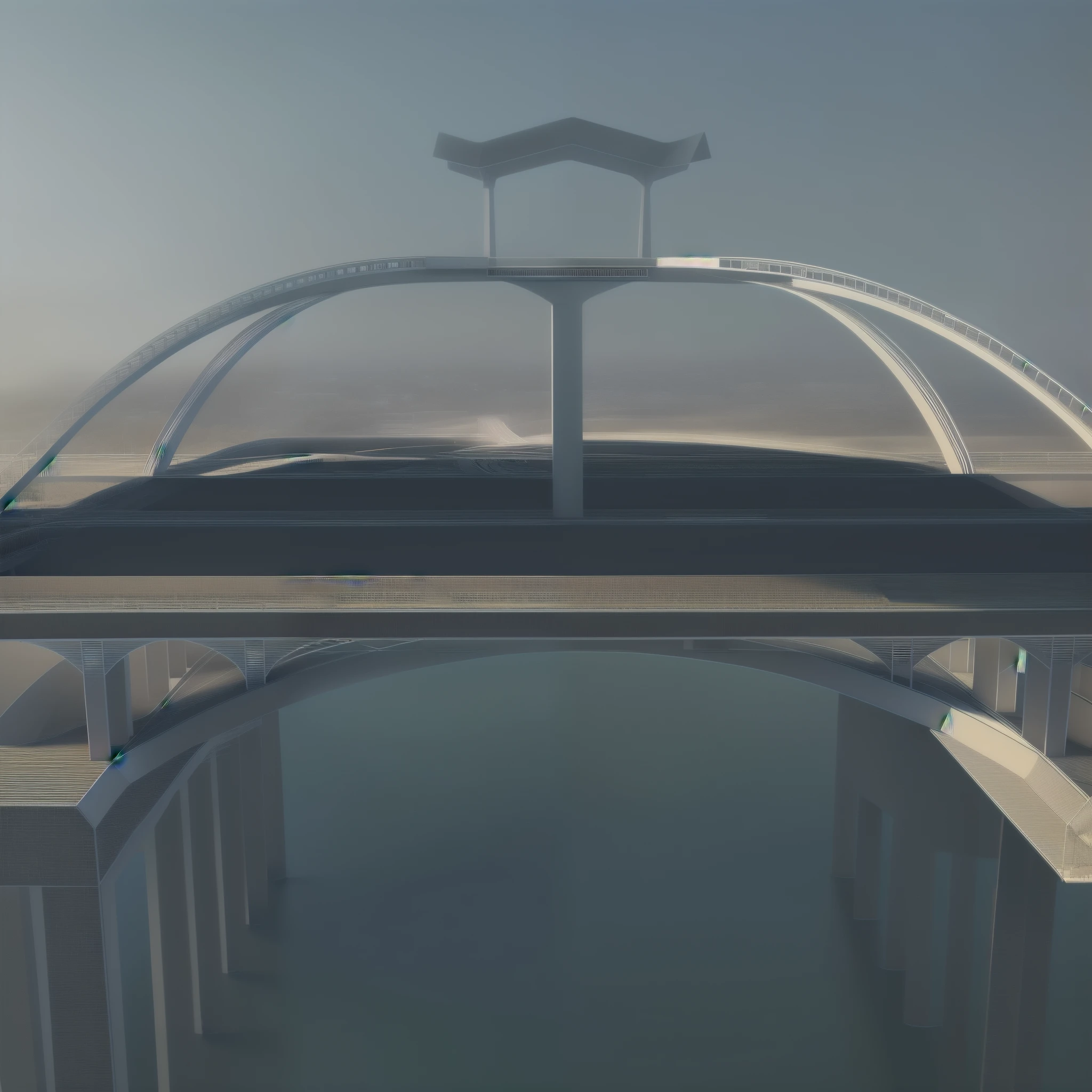 Rendering of a bridge with road, with stairs to the bridge canopy, with vehicles on the bridge, perspective view, traffic design rendering, detailed structure, concept rendering, side perspective front, overpass, concept, 3/4 view from below, concept image, isometric view, detailed rendering, rendering details, concept rendering, very high angle view, curved bridge , front view, overhead bridge, rendering