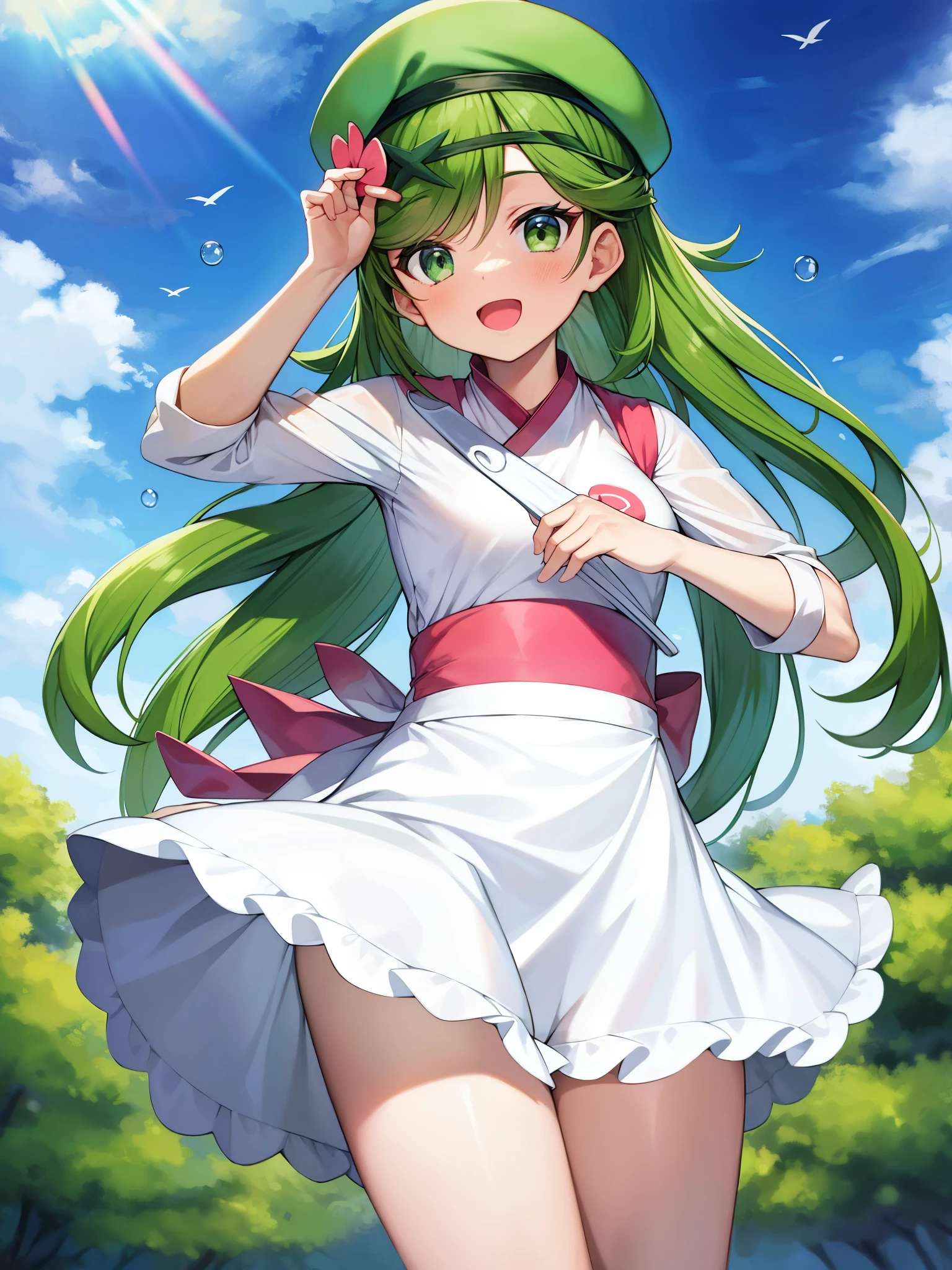 Pokémon、forest林浴、Mao、green hair、sneakers、forest、、beret、Chef Uniform、white shirt、long sleeve、apron、red skirt、flower decoration on head、元気に跳ねた二つ結びの長いgreen hairが特徴的。The proof is a badge on the waist like a water lily.（（（Girl with brown skin）））+++、（（（Girl with brown skin）））+++、（（（Girl with brown skin）））+++、grass type captain、（（a good-tempered chef））++、「green」「clear」「Rain is stop」「the sky clears up」「Alleviates sadness etc.」「overcome sadness etc.」