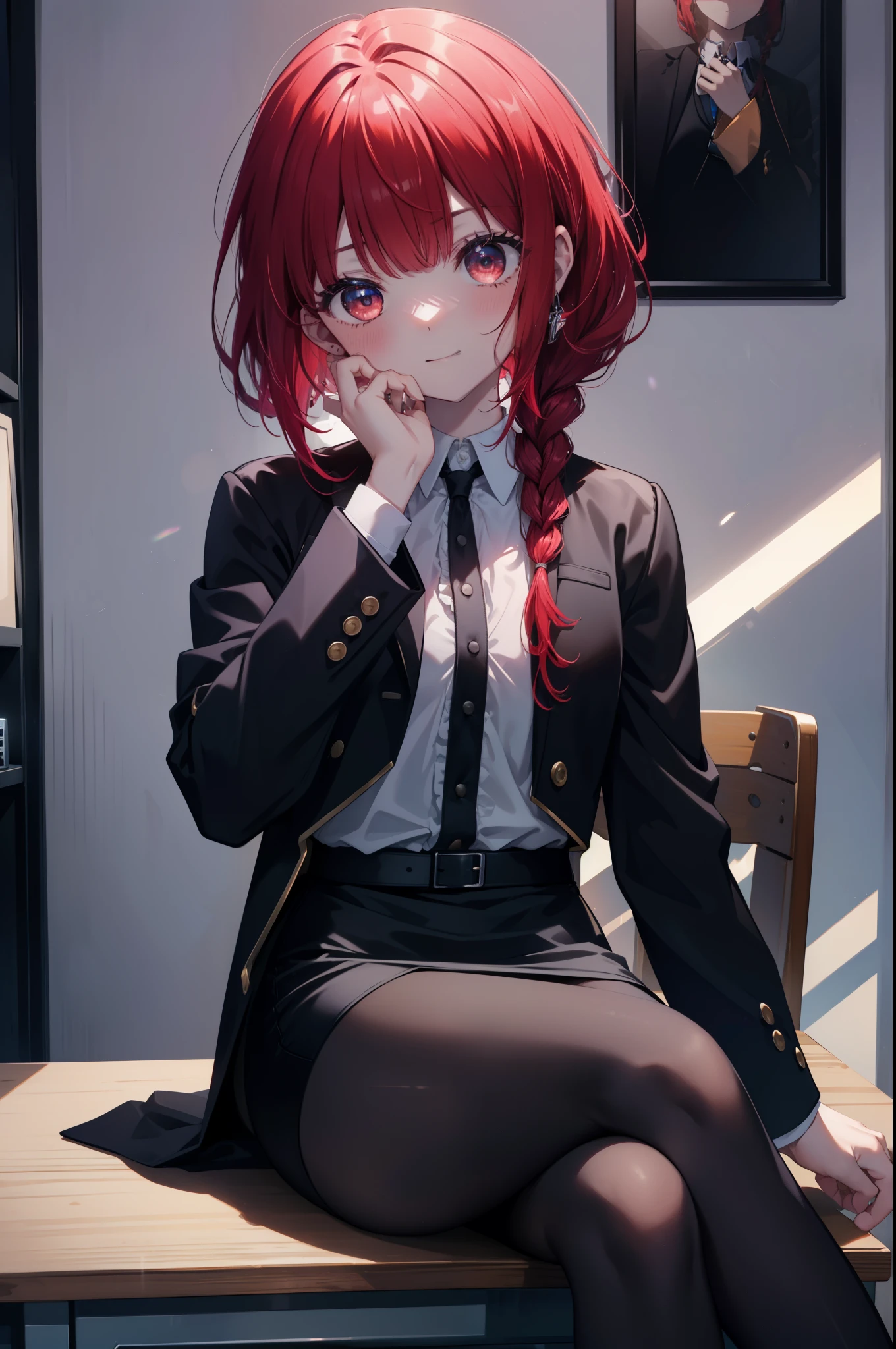 canary, when he plows, (red eyes:1.5), redhead, long hair,short braided hair,
black suit jacket, collared jacket, white dress shirt, collared shirt, neckline, button, strap, ID card on neck, black pencil skirt, black pantyhose,stiletto heels smile, blush, looking at the viewer, Charm, Mechanical,There is a computer on the table,sitting cross-legged on a chair, interior,touch typing ,
break looking at viewer,
break indoors, office,
break (masterpiece:1.2), highest quality, High resolution, unity 8k wallpaper, (figure:0.8), (detailed and beautiful eyes:1.6), highly detailed face, perfect lighting, Very detailed CG, (perfect hands, perfect anatomy),