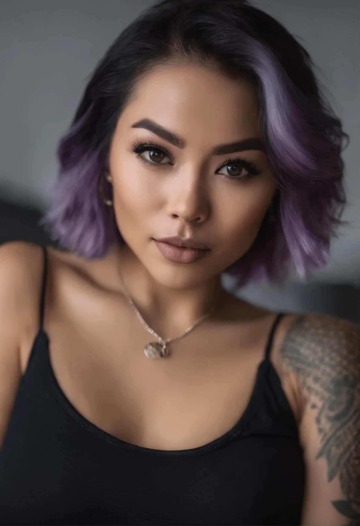 asian woman, short blue hair, wearing a tanktop, jeans and leather jacket, covered in tattoos, fille sexy aux yeux bruns, Portrait, cheveux bruns et grands yeux, selfie of a young woman, Yeux de chambre, Violet Myers, sem maquiagem, looking straight at camera, Visage avec Artgram, Maquillage subtil, Superbe photo du corps entier, dans la chambre, clivage, des fesses moyenne