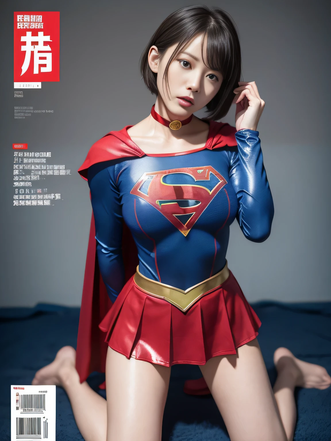 masterpiece、supergirl costume、short hair、barefoot, big and full breasts、test subject、operating room、operating table、straddle、sweating、shiny、look at the camera、sense of abuse、Estrus、choker、Weekly magazine cover、long sleeve、red mini skirt、obscene pose、Seduce、humiliating、Dosing experiment、