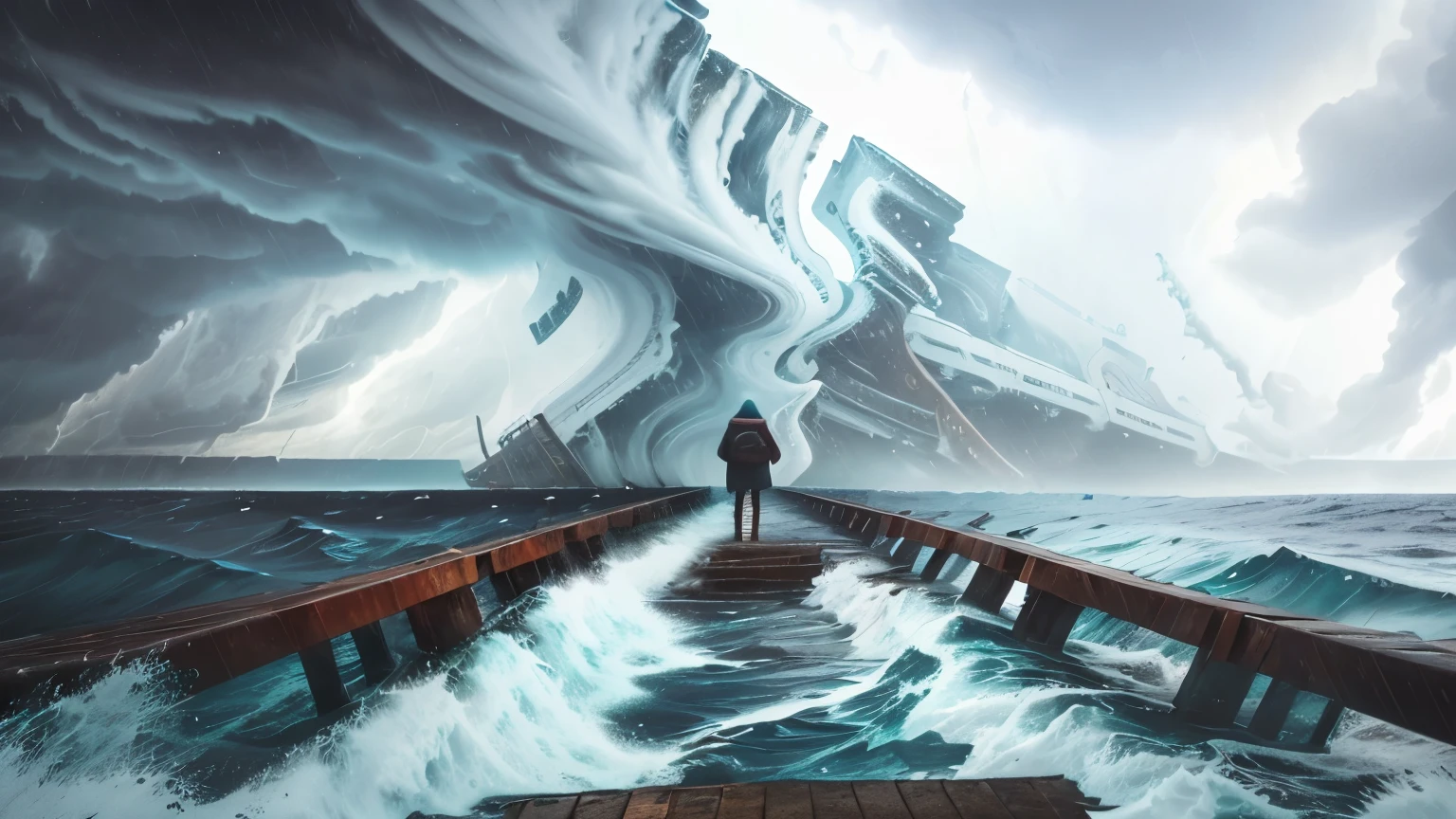 View of a person standing on a pier in the middle of the ocean, Standing against the storm, the sea and the storm behind it,  tempestade, dramatic stormy scene, atmosfera tempestuosa, Tempestade no horizonte, tempo tempestuoso, dramatic and atmospheric, apocalyptic tumultuous sea