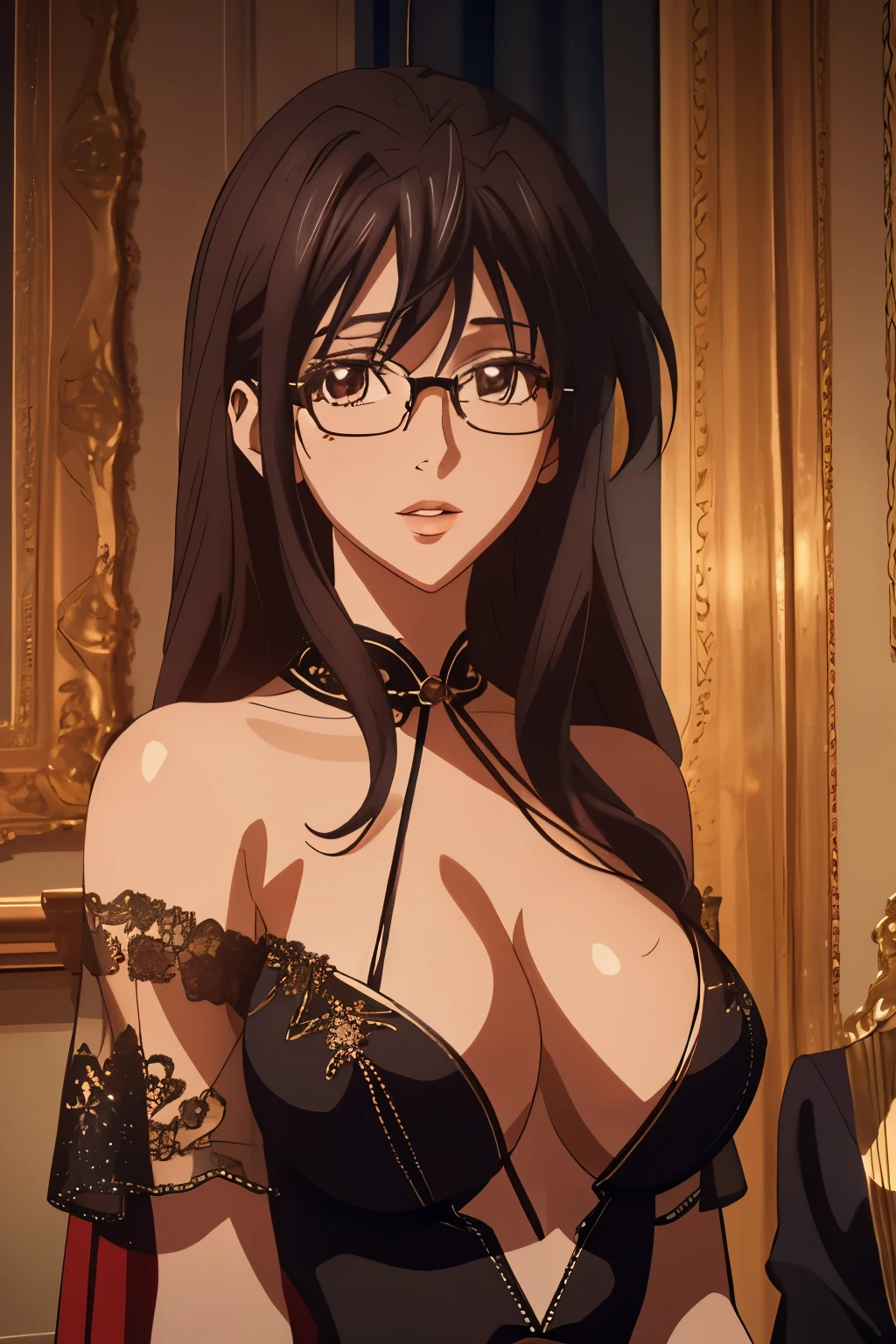 Akeno Himejima,16 HD,in a Black dress for a ball dance,in the style of the season 4 of high school dxd,in a hall with people chatting and drinking in the back,(best quality,4k,8k,highres,masterpiece:1.2),ultra-detailed,(realistic,photorealistic,photo-realistic:1.37),oil painting style,black color tones,stunning lighting,beautiful detailed eyes,beautiful detailed lips,extremely detailed face and body,black hair flowing,confident yet elegant expression,graceful and alluring pose,amazing attention to folds and drapes in the dress,dramatic shadows and highlights on the face and body,fine textures and details on the dress,rich and vibrant colors on the background,sparkling chandeliers reflecting on the floor,romantic and enchanting atmosphere,crowded with elegantly dressed people,engaging in conversations and laughter,clinking glasses filled with champagne,enjoying a glamorous evening,creating a grand and festive ambiance, without glasses, eyes sparkling.
